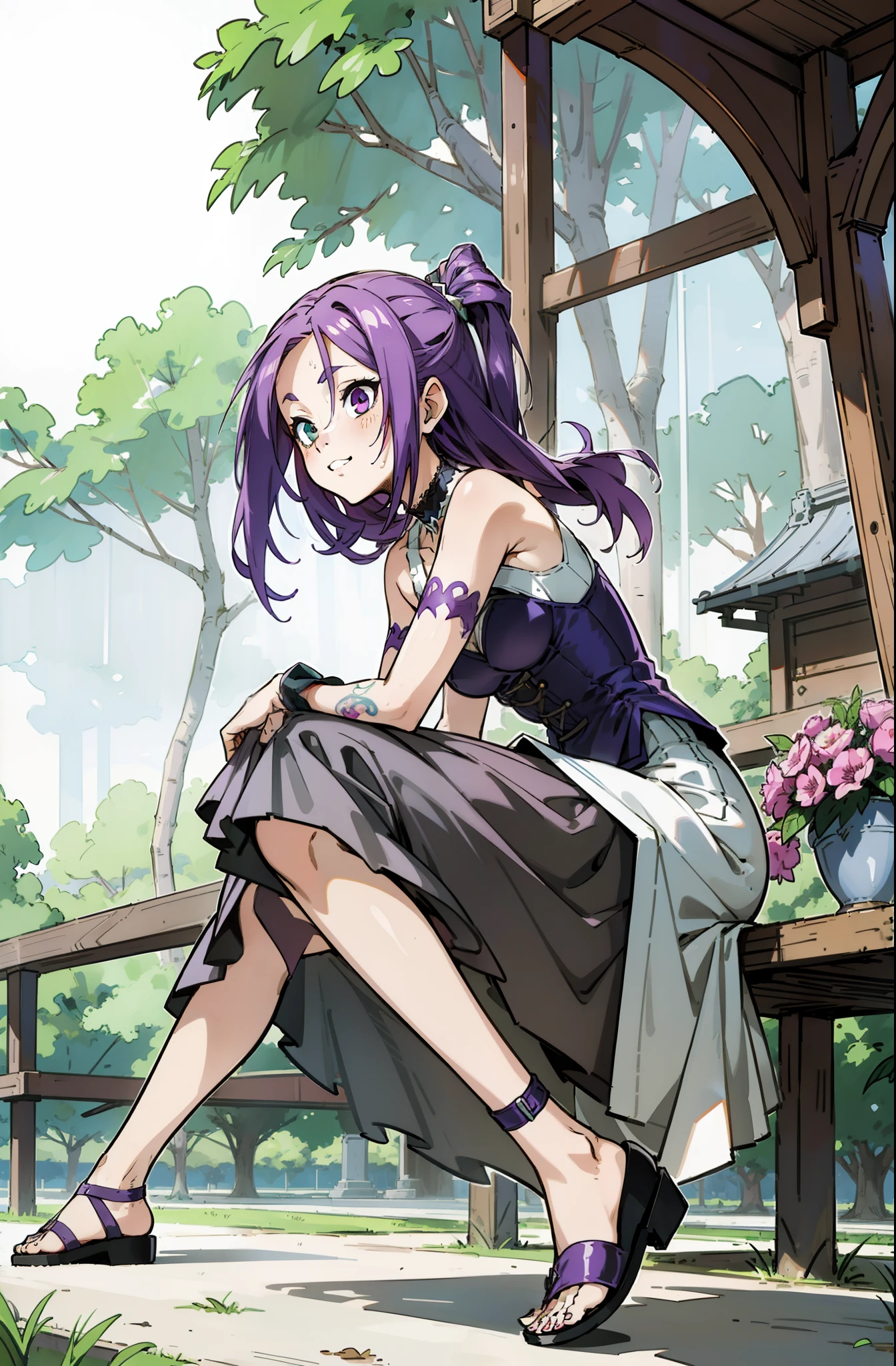 Colorful, Up-close, purple color hair, Ultra-realistic hair quality, Vibrant colors, Young Girl, 14years old girl, Beautiful long hair, Shiny hair, detailed hairs, Hair Ribbon, Single-sided up, Reo Mikage, Blue Lock, no sleeves, Sleeveless, Open shoulders, Cinderella, Drawing, Panniers and Cinderella, Cinderella Dresses, Lace dress, long dress, White tights with leggings, Lace Leggings, Chest exposure, Lace underwear, Metamorphosis is exposed, Choker, Black Choker, complete fingers, Five Fingers, Two arms, Two hands, The tattoo, body tattoo, arm tattoos, Blue Rose Tattoo, Tattoo on the wrist, Tattoo on the thigh, Relative area, Sexy breasts, Big breasts, red blush, 1girl in, Solo, Sharp face, Heterochromia, Green eyes, Purple eyes, Bare neck, Happy face, lightsmile, Skirt in dress, Panniers in dresses,Sitting on the premises, Scenery of Shanghai, Castles, crouching down, Bare foots, Sandals, brown sandals, gladiator sandals, masutepiece, Ultra-detailed, Hyper-detailing, Best Quality