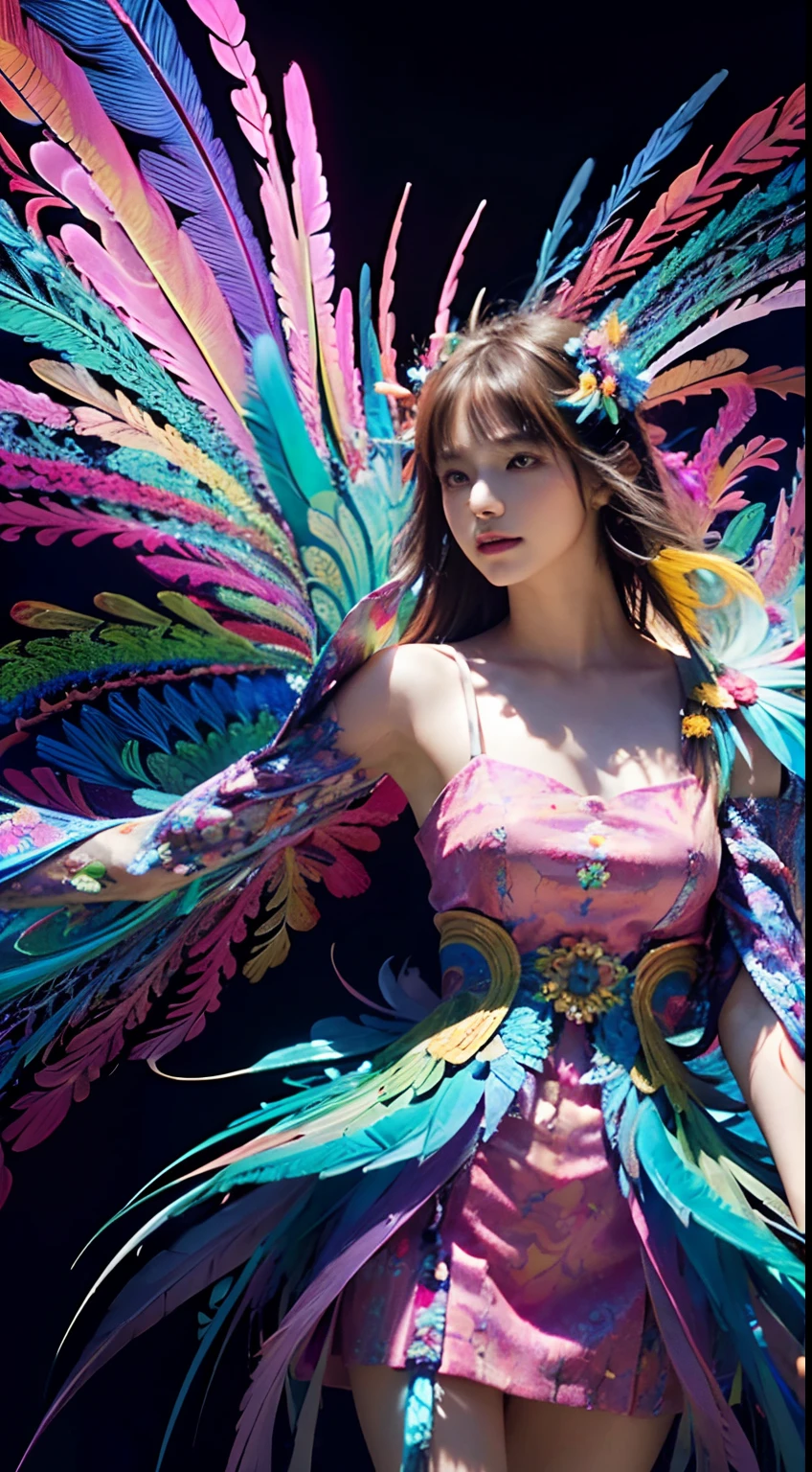 Colorful flowers, feather, (masutepiece, of the highest quality, Best Quality, Official art, Beautiful and aesthetic:1.2), (1girl in:1.3), (Fractal Art:1.3),16 K,Full-HD,neons