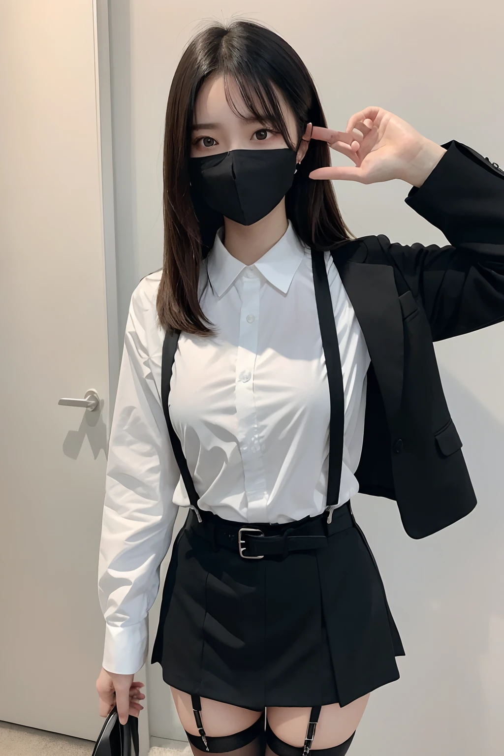masterpiece、top-quality、The ultra -The high-definition、、colourfull、flat-colors、depth of fields、lens flare 1 girl、、A dark-haired、watching at viewers Suits Cutter shirt a belt suspenders working adults materia OL Black Suit Black jacket glares huge-breasted a miniskirt garterbelts knee high Stockings Black Neeso Mask Colorcon armpit sweat perspiring Side of both hands