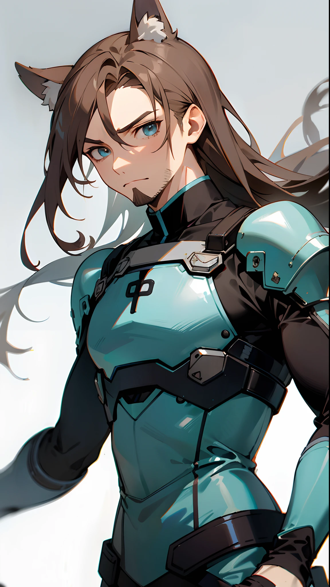 (masterpiece, best quality )detailed, 1Character , pastel washed out colors , cell shade , soft, muted shades ,gentle colors , blue archive art style
Battle:
Wearing a mix of sword art online and futuristic style clothes , elegant ,
Handsome man , with long brown hair , courageous face, expressive blue eyes, round eyes , ((has facial stubble:1)), physique is that of a fit and agile hero, slim yet athletic build, he has dog ears ,broad shoulders, muscular ,age 34
