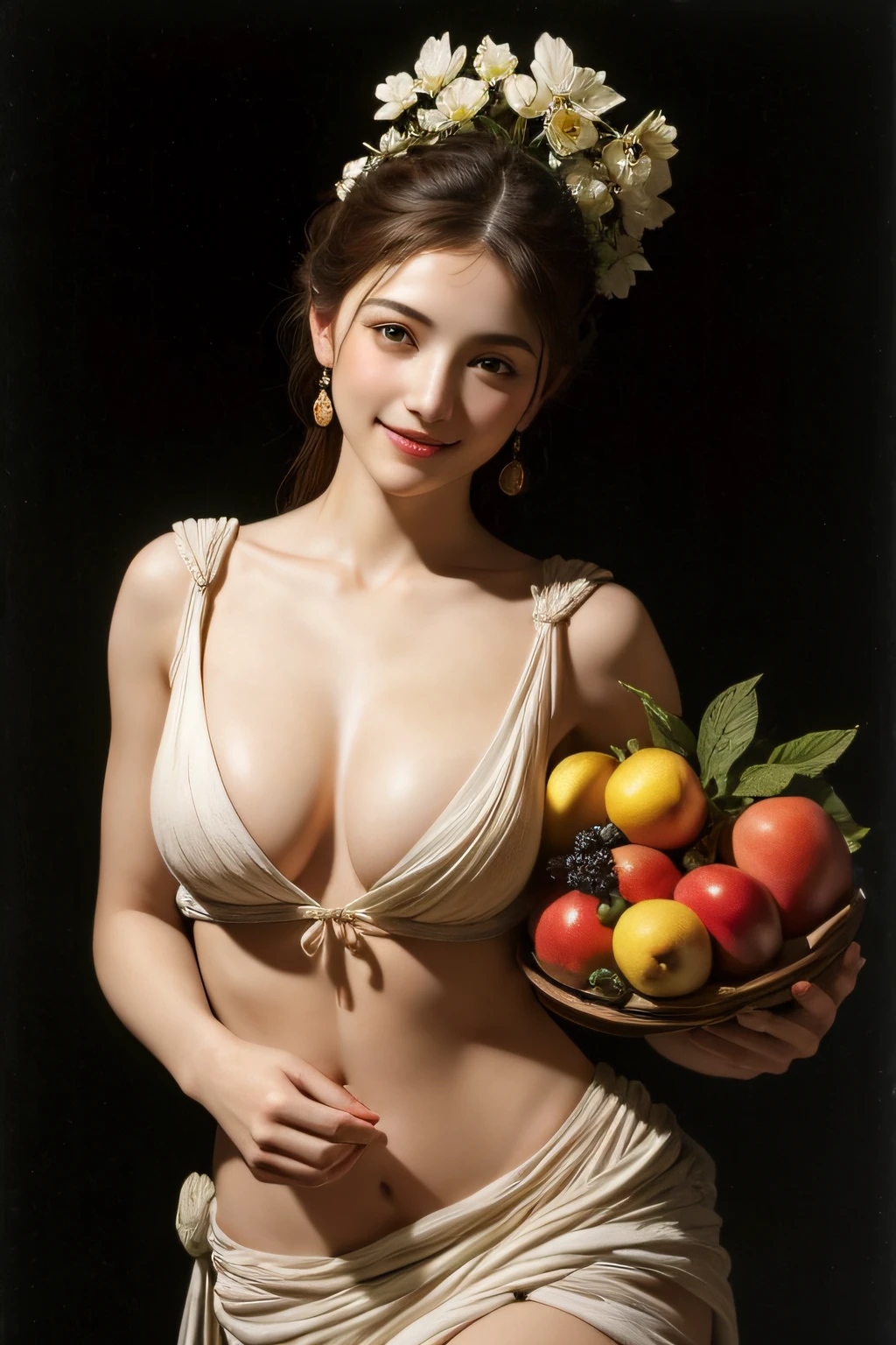 Ancient Greek maiden, Ancient Greek clothes, woman, pure smile, Caravaggio painting, flowers, fruits, big breasts Tong ,Caravaggio chiaroscuro, dark background