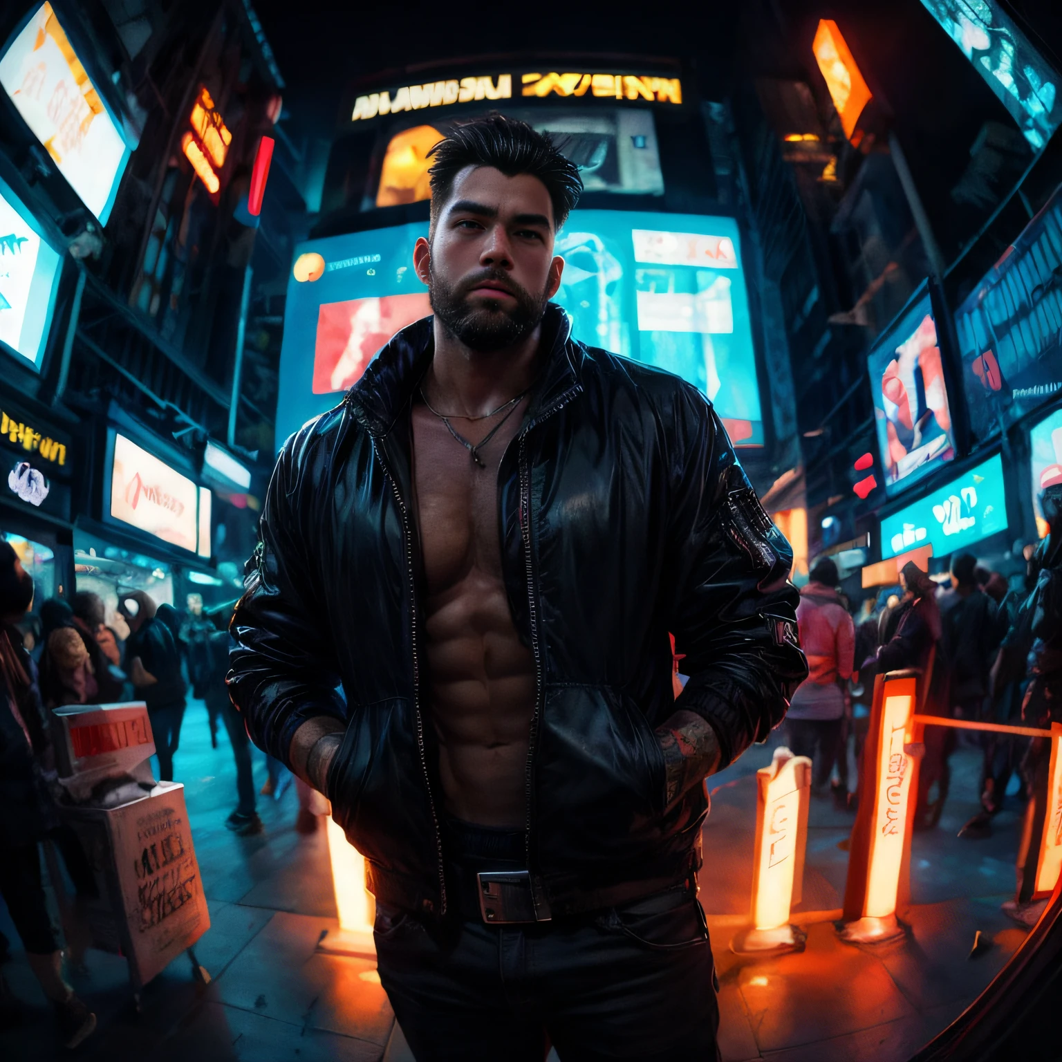 (masterpiece, best quality), 1boy, muscular, beard, cyberpunk, (blurry, bokeh, fisheye lens), night, looking at viewer, contrast, contrapposto, neon oversized jacket,