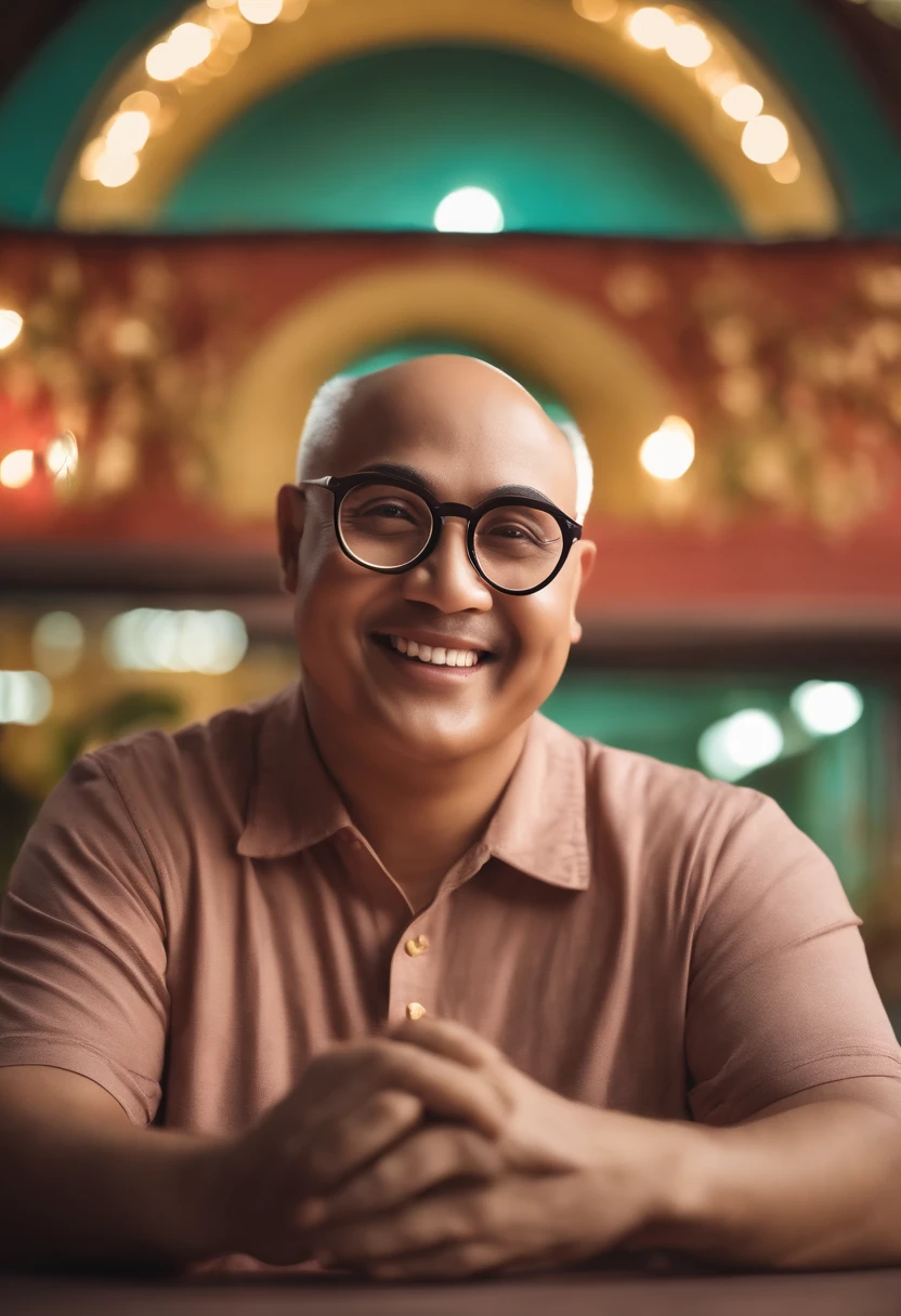 Plump uncle with big round glasses without cartoonish hair　Charming６０generation　no hair at all　I'm smiling