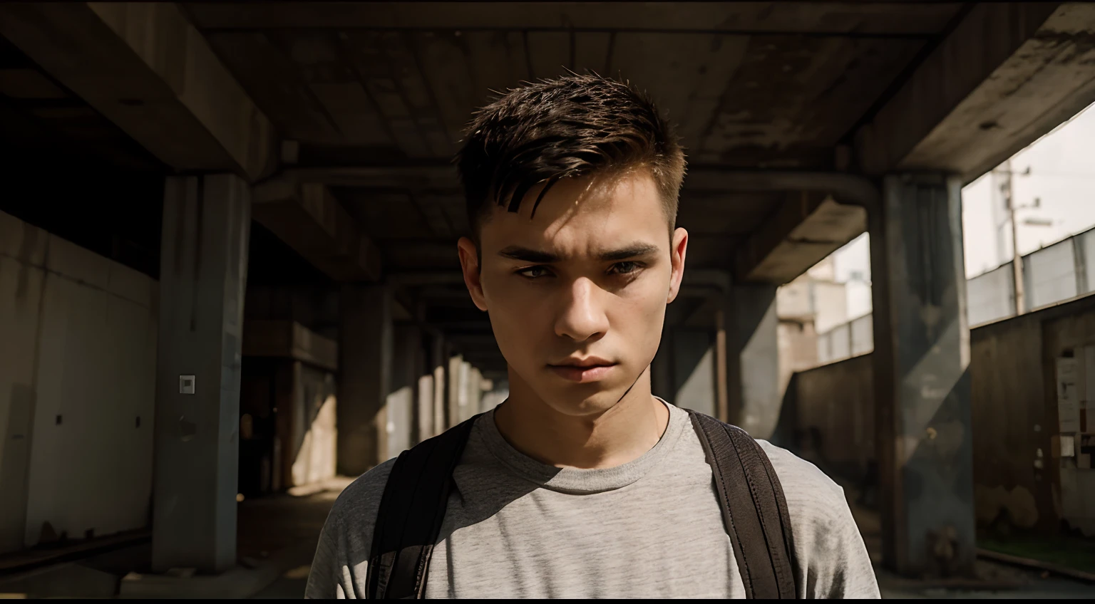 Young man name urban legend with short spiky hair standing alone