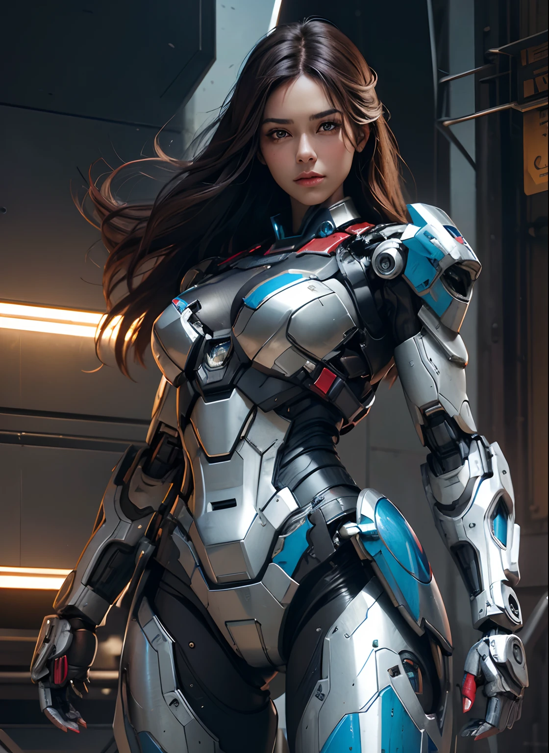 Textured skin, Super Detail, high details, High quality, Best Quality, hight resolution, 1080p, hard disk, Beautiful,(Iron Patriot),beautiful cyborg woman,Mecha Cyborg Girl,Battle Mode,Girl with a Mecha Body,She wears a futuristic Iron Patriot mech,Fulll body Shot