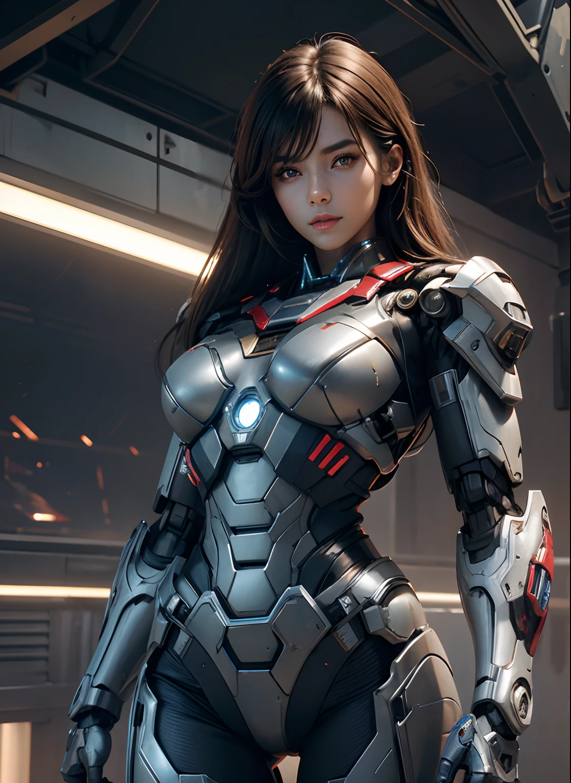 Textured skin, Super Detail, high details, High quality, Best Quality, hight resolution, 1080p, hard disk, Beautiful,(Iron Patriot),beautiful cyborg woman,Mecha Cyborg Girl,Battle Mode,Girl with a Mecha Body,She wears a futuristic Iron Patriot mech,Fulll body Shot