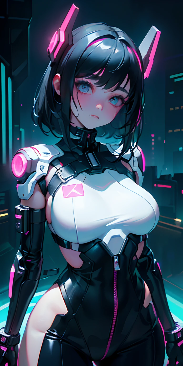 top-quality))、((​masterpiece)、Close-up of people、Buttock emphasis、cyberpunked、Big buttocks、Electronic visor attached to 12-year-old girl's face with emphasis on buttocks、Cyberpunk Fashion、Sexy Posing、(Wearing white body spats on lower body、Breasts enlarged、Neon lights in dark city at night