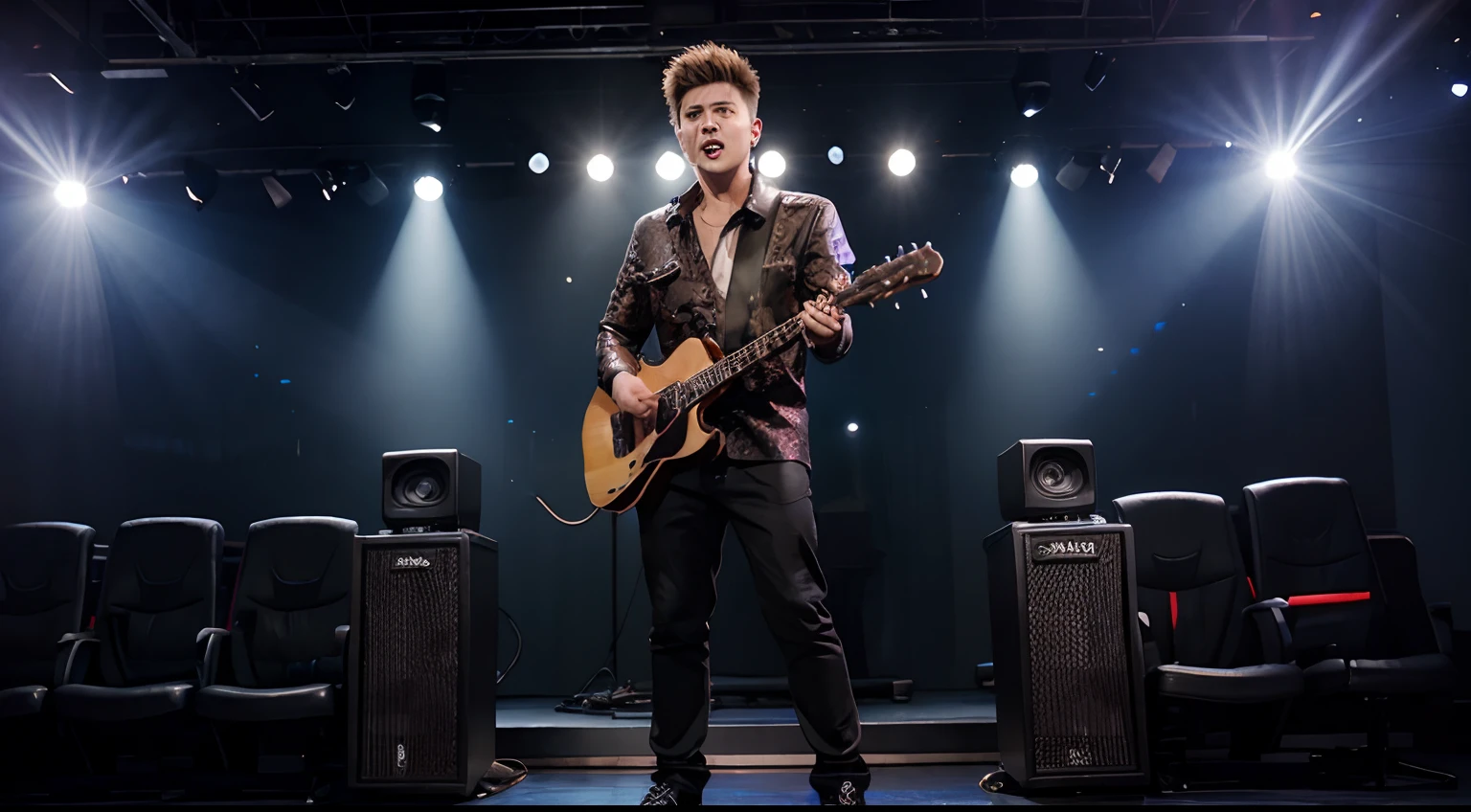 Young man name urban legend with short spiky hair was singing a studio show full body