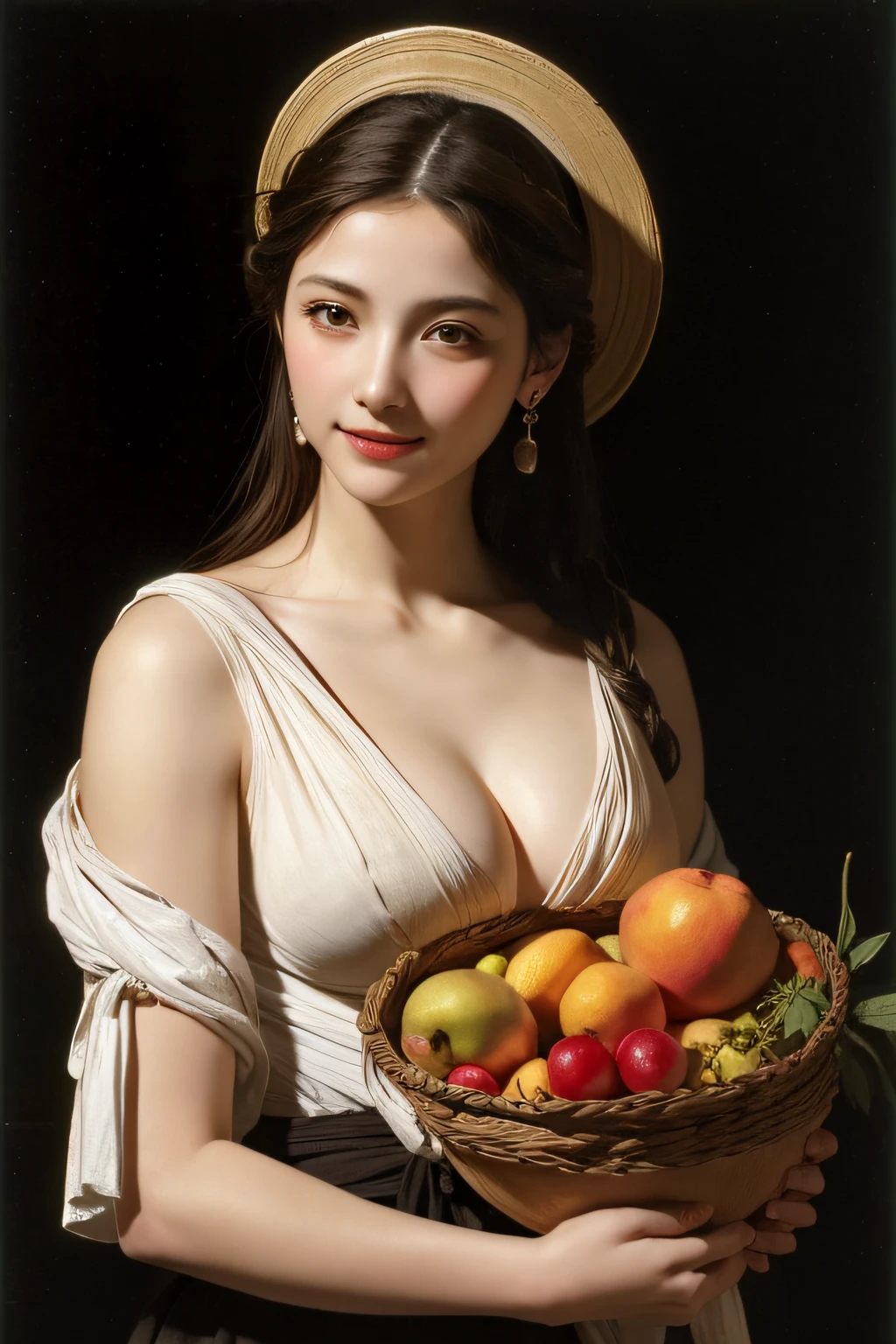 Ancient Greek maiden, Ancient Greek clothes, woman, pure smile, Caravaggio painting, flowers, fruits, big breasts Tong ,Caravaggio chiaroscuro, dark background