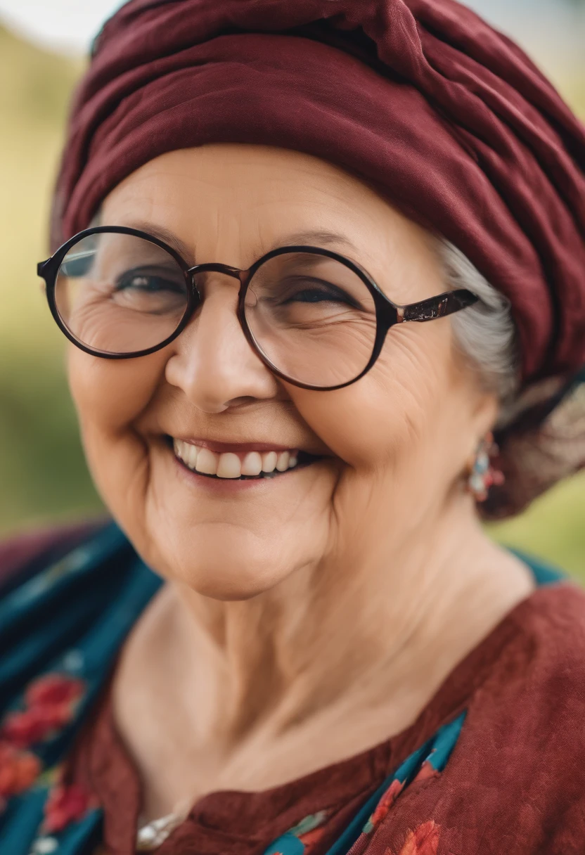 Plump grandma with big round glasses without cartoonish hair　Charming６０generation　no hair at all　I'm smiling