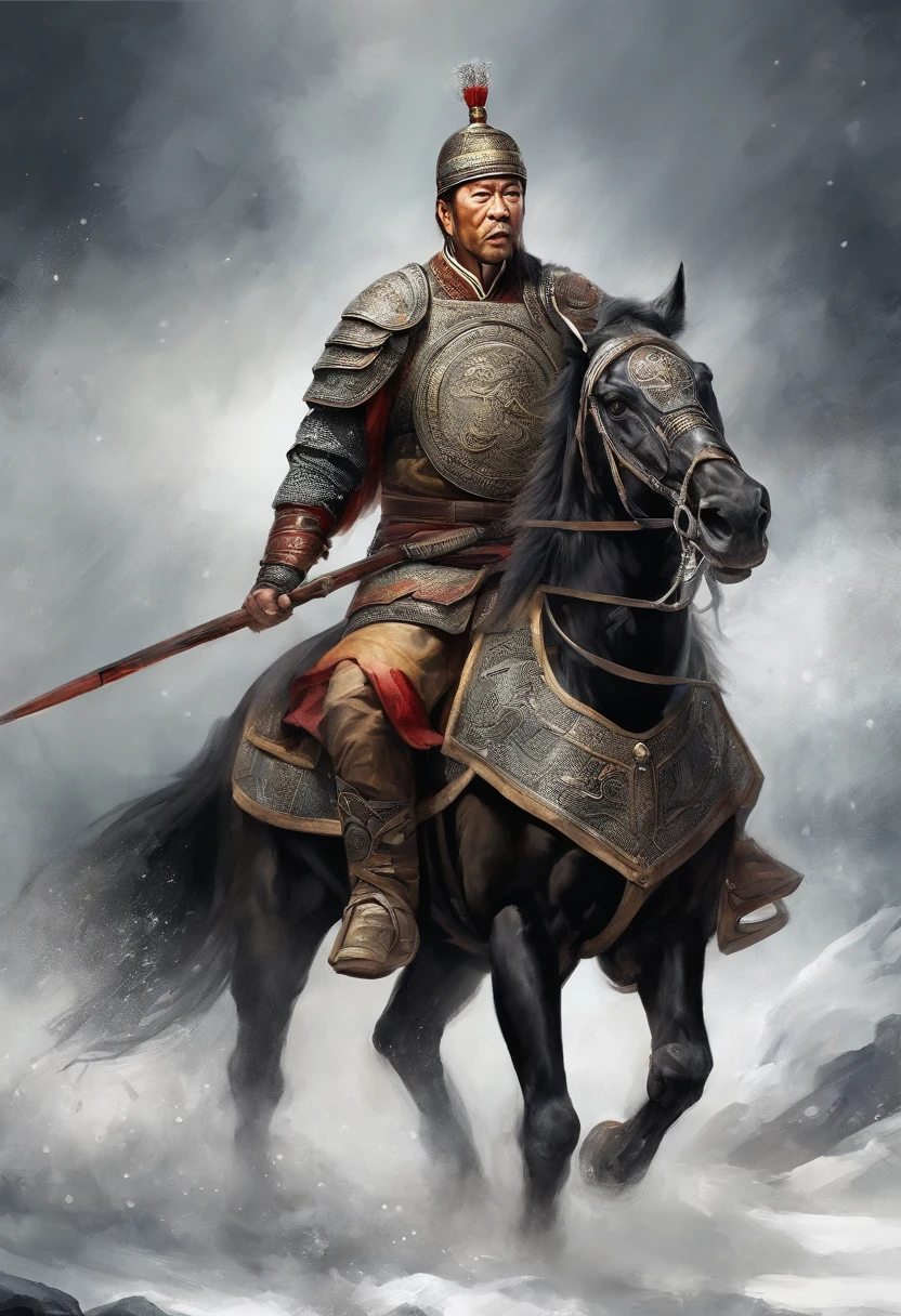 Half-length picture of an ancient Chinese general on the battlefield,The armor is broken, Starry skies and mist shroud the landscape.Rich historical background. (Best quality,4K,8K,A high resolution,Masterpiece:1.2), Ultra-detailed, (Realistic,Photorealistic,photo-realistic:1.37), hdr, hyper HD, Studio lighting, Ultra-fine painting, Sharp focus, Physically-based rendering, Extreme detail description, professional, Vivid colors, Bokeh, sportrait, Ancient war landscape, Traditional Chinese painting techniques, Atmospheric lighting, dynamicposes, Intricate battle scenarios, Vivid color contrast, Visually stunning composition, Ethereal atmosphere, heroism. Black and white
