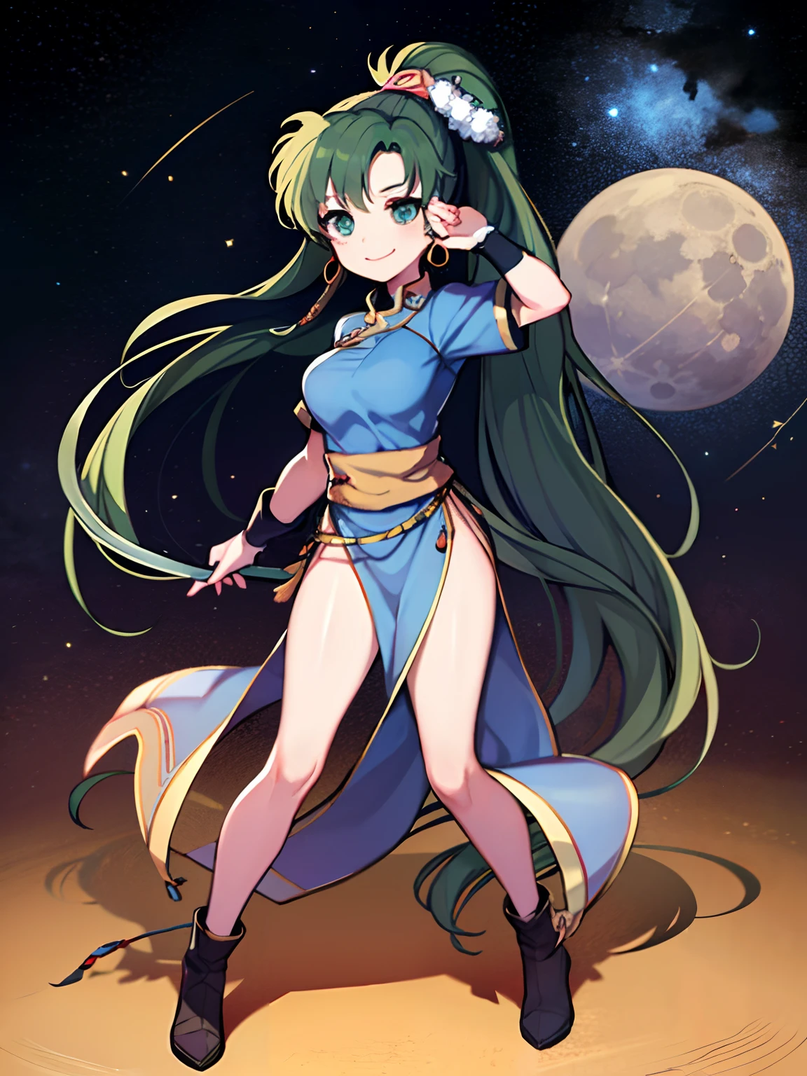 (Lyn from FE)(smiling) (full body) (high quality)(a large moon and stars in the background)