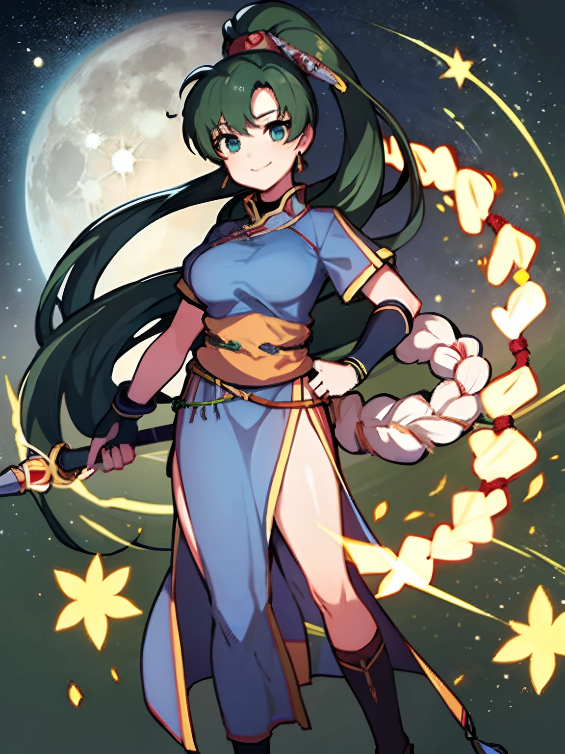 (Lyn from FE)(smiling) (full body) (high quality)(a large moon and stars in the background)