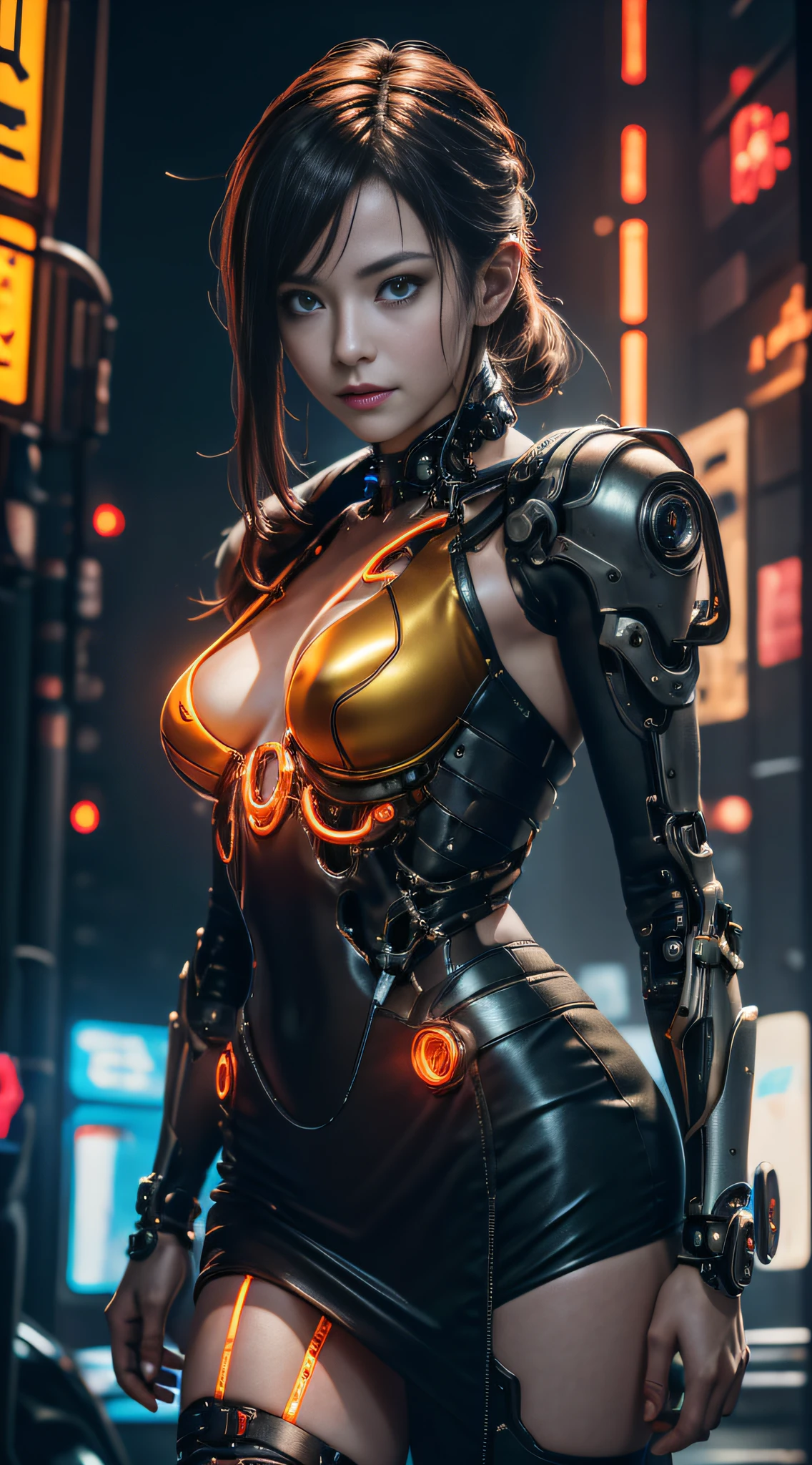 unreal-engine:1.4,hyper HD,Best quality:1.4, Fotorrealista:1.4, Skin texture:1.4, tmasterpiece:1.8, 1 Cyberpunk Girl, brunette color hair, glowy skin, 1 orange mechanical girl, (Super realistic details)), full bodyesbian, global ilumination, Contrast, Umbroso, rendering by octane, ultrasharp, exposed neckline, raw skin,Orange miniskirt, metal,Intricate yellow decorative details, Japan Details, High level of detail, realistic raytraicing, Trends in CG, in front of camera, neon light detail, Mechanical limbs, blood vessels attached to the tube, Mechanical vertebrae attached to the back, mechanical cervical attachment to the neck, wires and cables connecting to head, gundam, Small LED lamps. Girl、silber hair、Perfectly rounded pupils、Huge irisディテール, light smile,(Cyberpunk:1.3)
