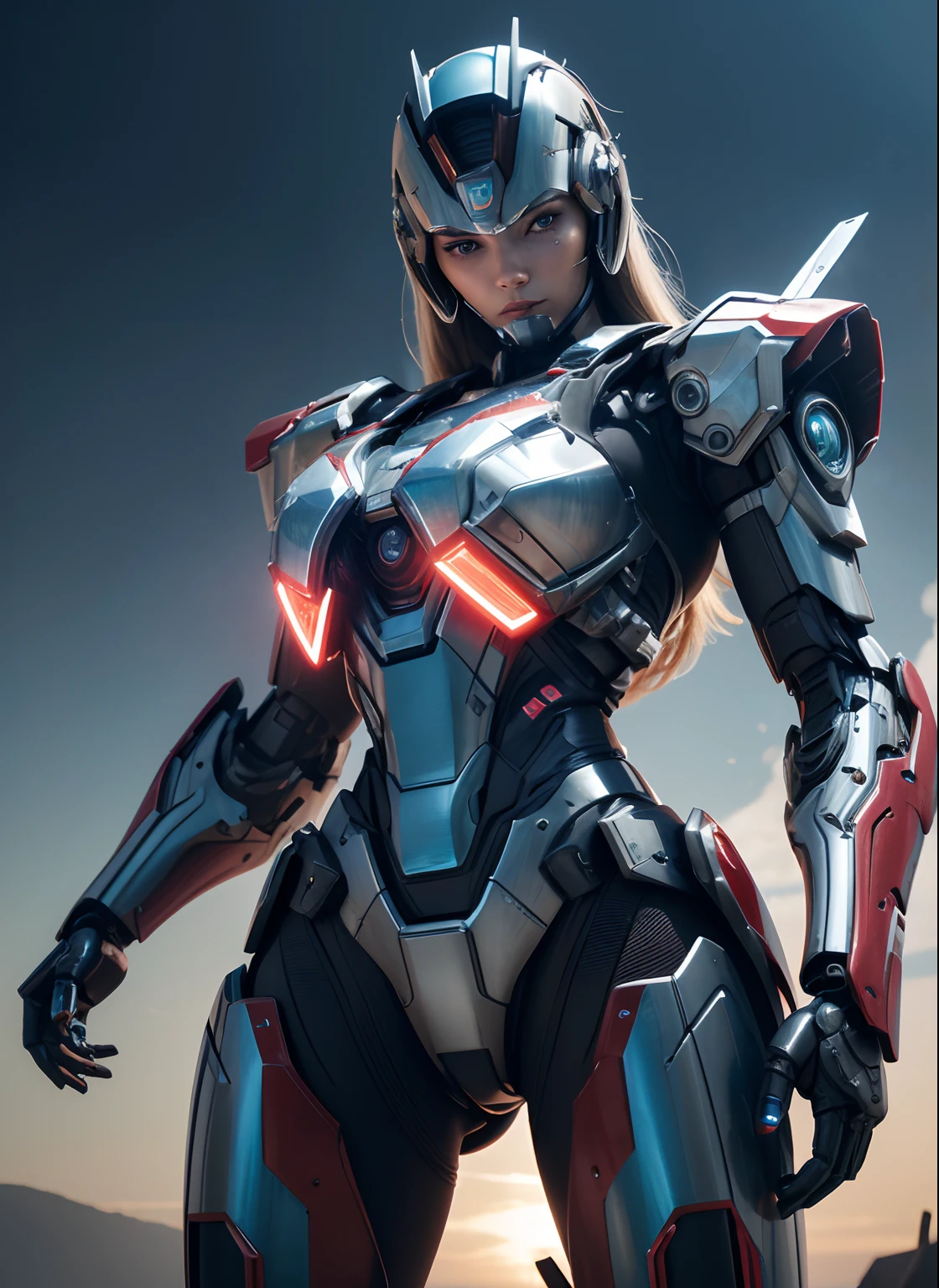 Textured skin, Super Detail, high details, High quality, Best Quality, hight resolution, 1080p, hard disk, Beautiful,(Iron Patriot),beautiful cyborg woman,Mecha Cyborg Girl,Battle Mode,Girl with a Mecha Body,She wears a futuristic Iron Patriot mech,Fulll body Shot
