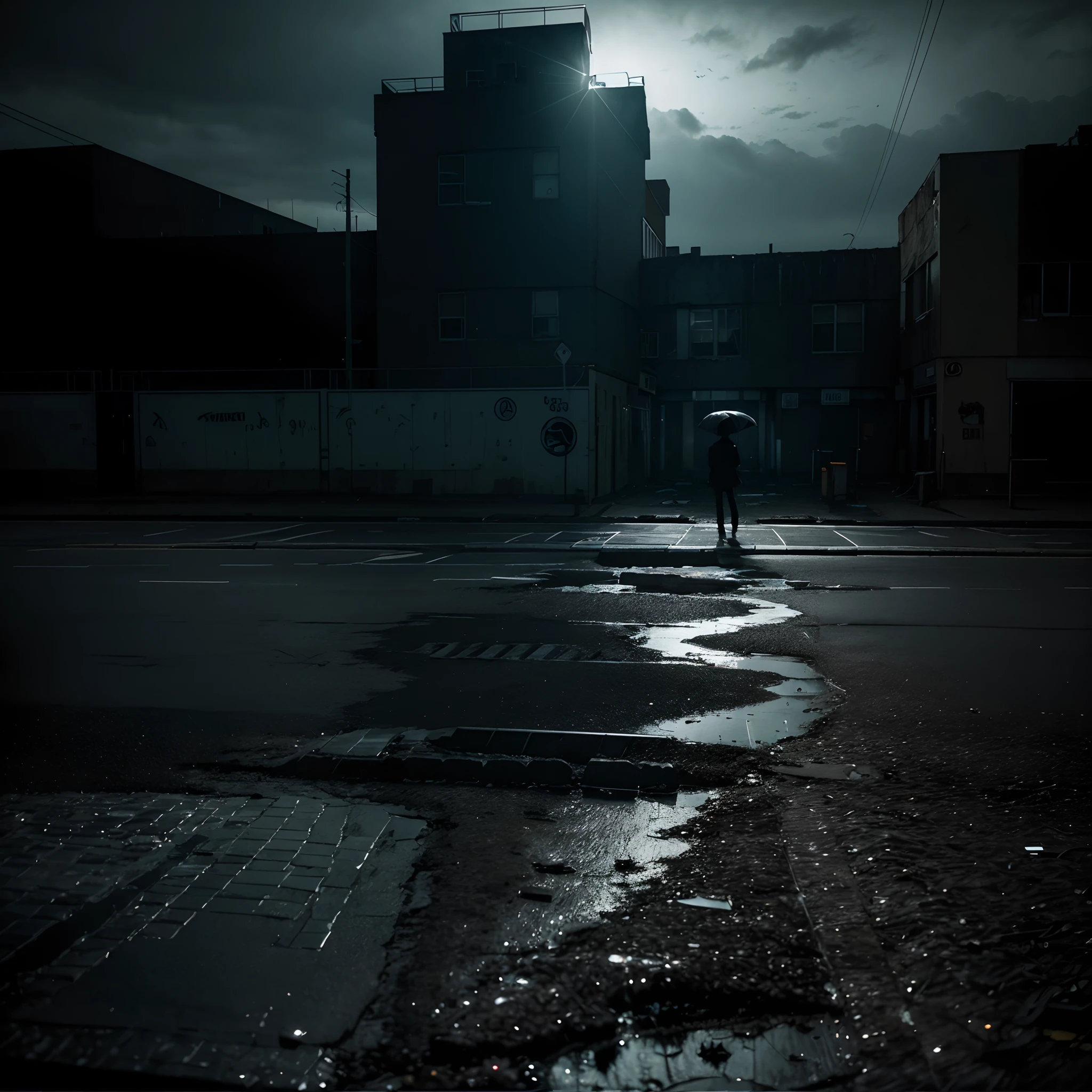 a desolate urban landscape, bathed in the eerie glow of a neon-lit, rain-soaked night. The foreground presents a shadowy silhouette, a figure hunched in contemplation, surrounded by shattered glass and urban decay. The stark contrast between the hauntingly beautiful yet ominous atmosphere and the central character conveys a sense of isolation and inner turmoil, perfectly encapsulating the themes of the song.