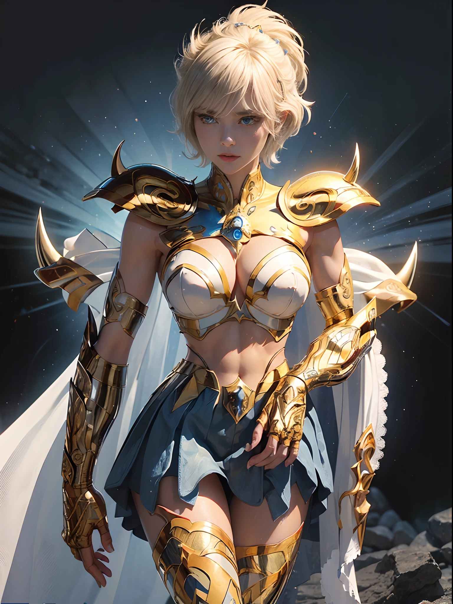 (((of the highest quality: 1.4))),(unparalleled masterpiece ever), (Ultra high definition),(Ultra realistic 8K CG), (((adult body))), (((1girl in))), ((( Shorthair ))), Gladiators with perfect bodies,,Beautiful and well-groomed face,muscular body:1.4,Detailed breastplate, gauntlets、is standing, (Image from head to thigh),(( White Blonde Shorthair )),, Simon Bisley's urban savage style,Detailed ancient Roman background,Clean abs, Complex equipment, Blue Star、Blue stripe,,,,s Armor, Poison tattoo