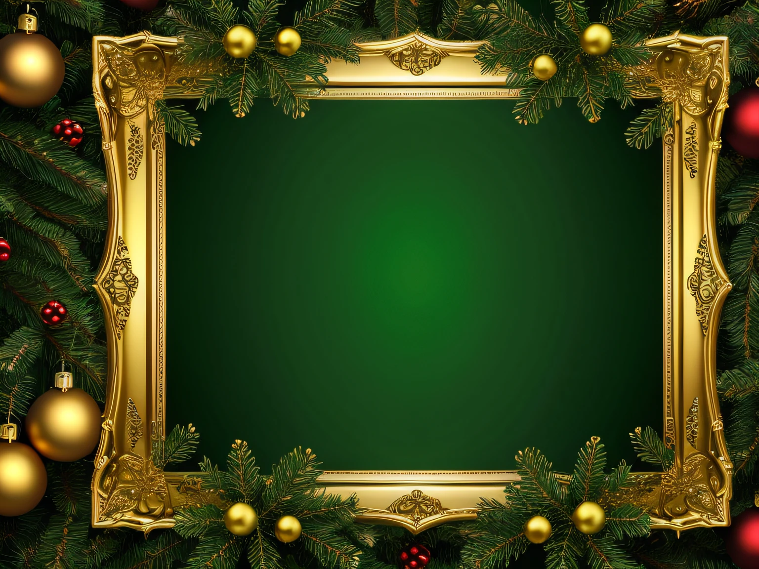 CHRISTMAS FRAME, DECORATICO VERDE, ESPACIO CENTRAL DE COLOR DORADO PARA PONER TEXTO, UHD, 8K