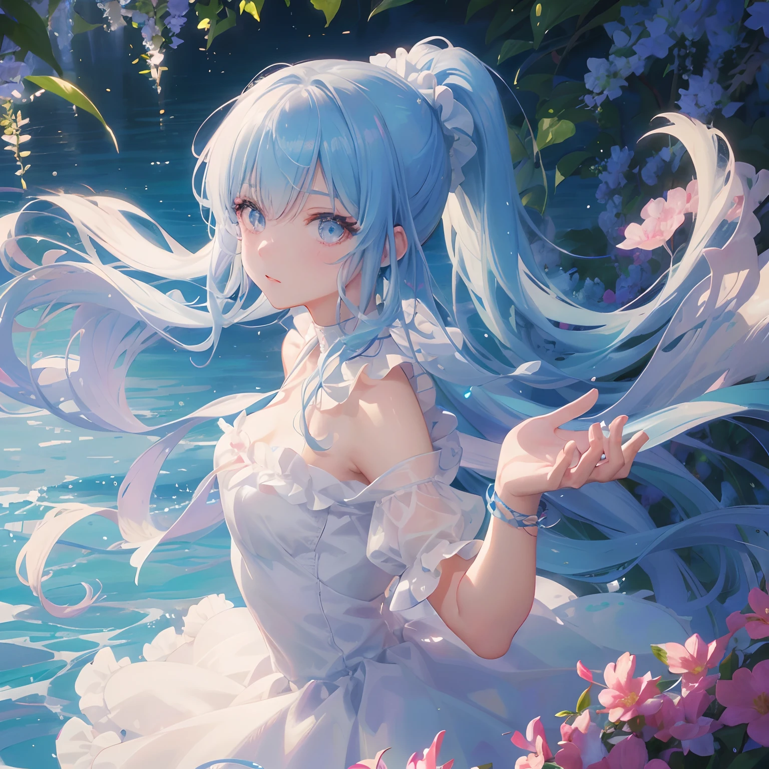 (masutepiece), (Best Quality), (ultra-detailliert),(disheed hair),(Illustration), (1girl in), (Fashionable clothing), Standing, Fashion Model, Looking at Viewer, (interview), (Simple background), Beautiful detailed eyes, Delicate beauty, floating, (High color saturation), (Colorful splash), colorful bubble, (shine), Focus on the face, Ponytail, kamisato ayaka, Light blue hair, Bangs, Scrunchie, Floating flowers, Flowing hair, (shiny), The best lighting, Best Shadows, Perfect hands