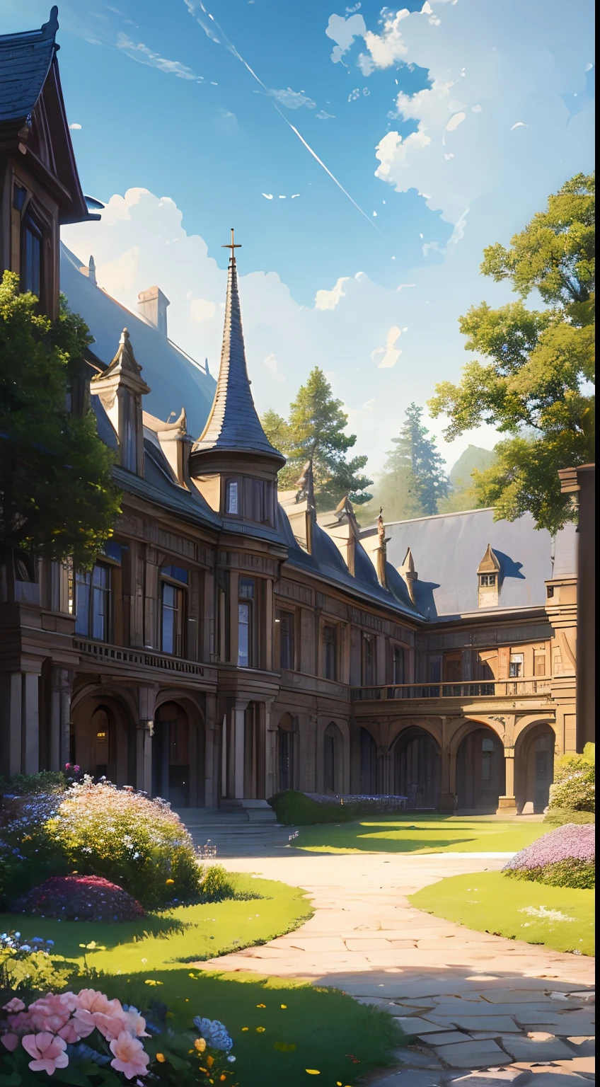 ((Best quality)), ((Masterpiece)), ((Ultra-detailed)), (illustration), (Detailed light),Magic Library,Flowers and trees