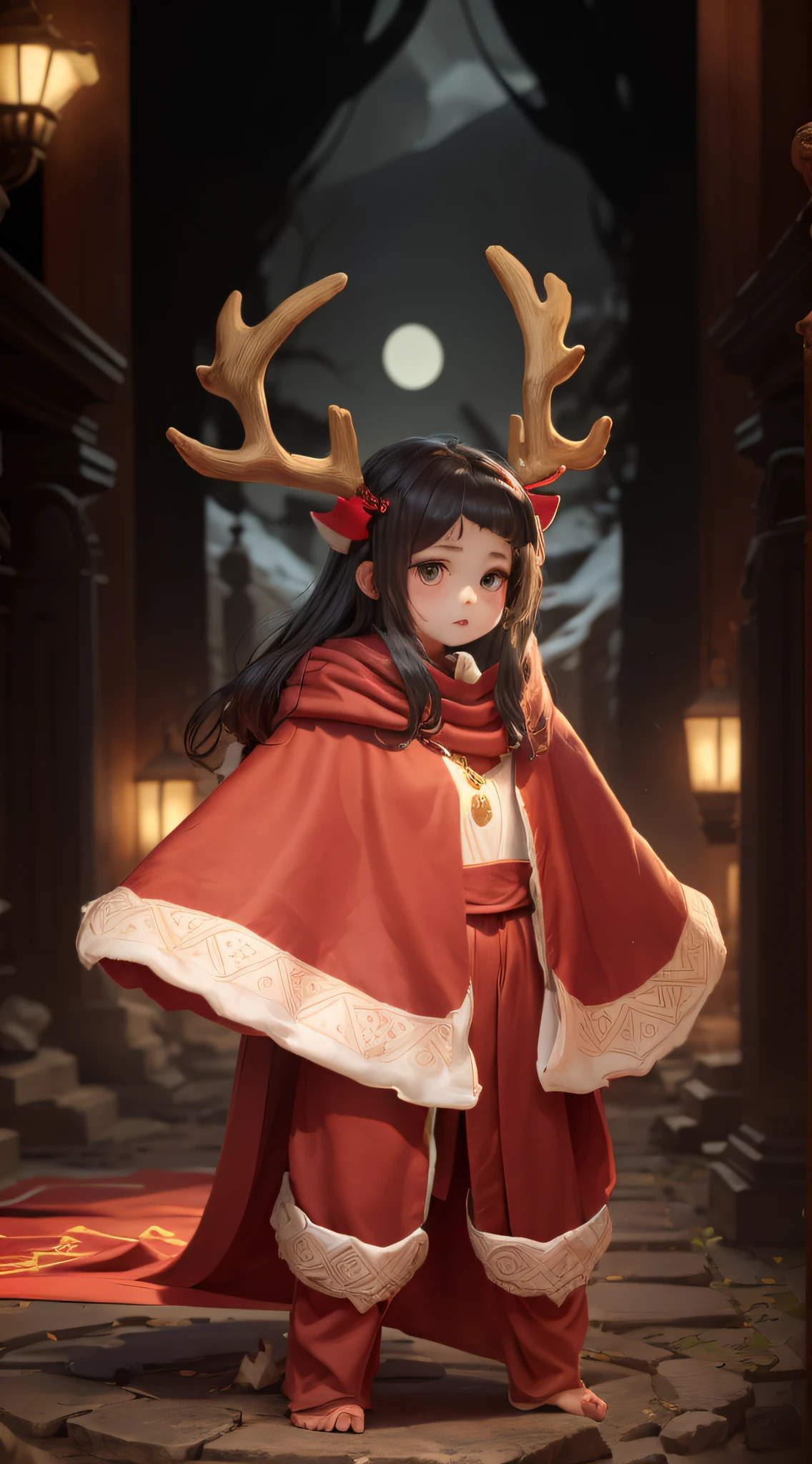 a close up of a person in a costume with antlers on, mage robe based on a toucan, red hooded mage, gold and white cloak, wearing cultist red robe, wearing red sorcerer's robes, long torn red cape, red cape, ancient antler deity, a red cape, ornate cloak, red cloak, wearing a crown made of antlers, Cute girl with one head, chibi style, red outfit