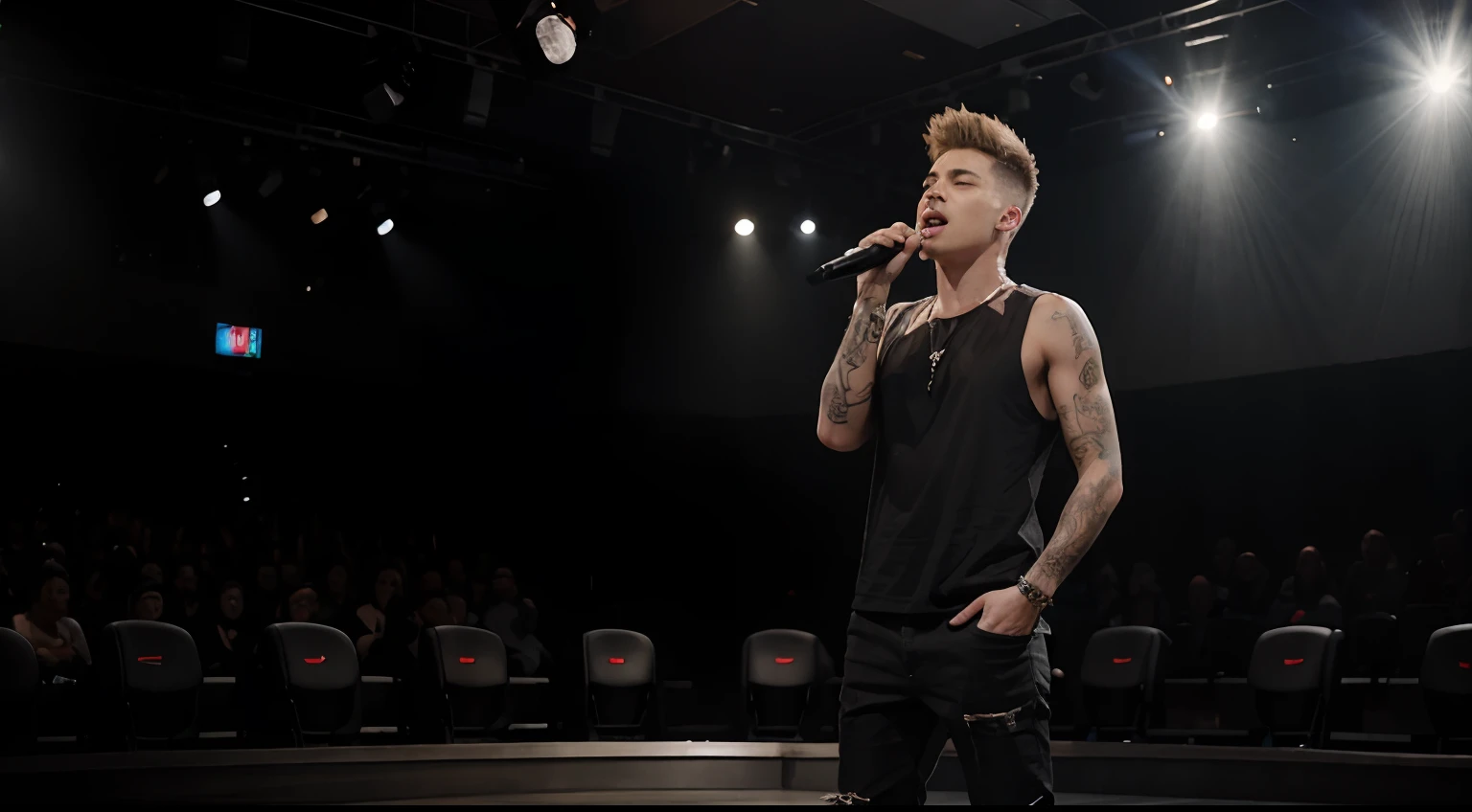 Young man name urban legend with short spiky hair was singing a studio show full body