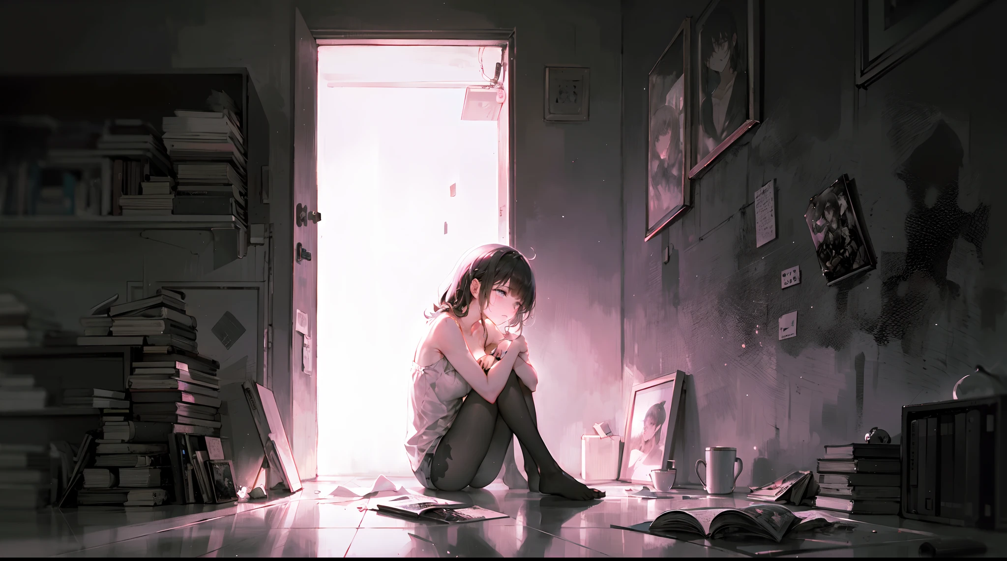 a girl sitting alone in a dimly lit room, tears streaming down her face, deep sadness in her eyes, melancholic expression, her body curled up, surrounded by darkness, her hands covering her ears to block out the noise, the room cluttered and messy, with discarded books and empty coffee mugs, the walls covered in abstract drawings portraying despair and loneliness, the only source of light coming from a cracked window, casting long shadows on the floor, the color palette muted and desaturated, conveying a sense of hopelessness and despair, the atmosphere heavy with silence and an overwhelming sense of sadness, as if the weight of the world is on her shoulders. (best quality, highres), realistic lighting, somber color tones, emotional, somber artwork