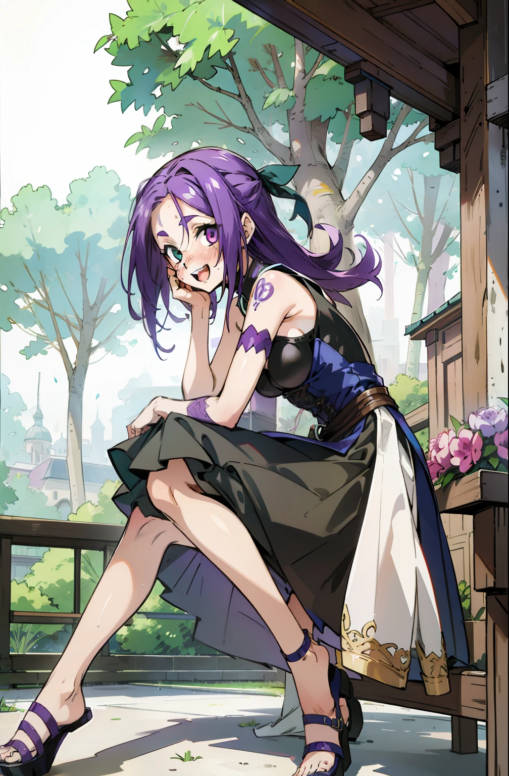 heterochromia, teal green eyes, purple eyes, light smile, opened mouth, happiness face red blush