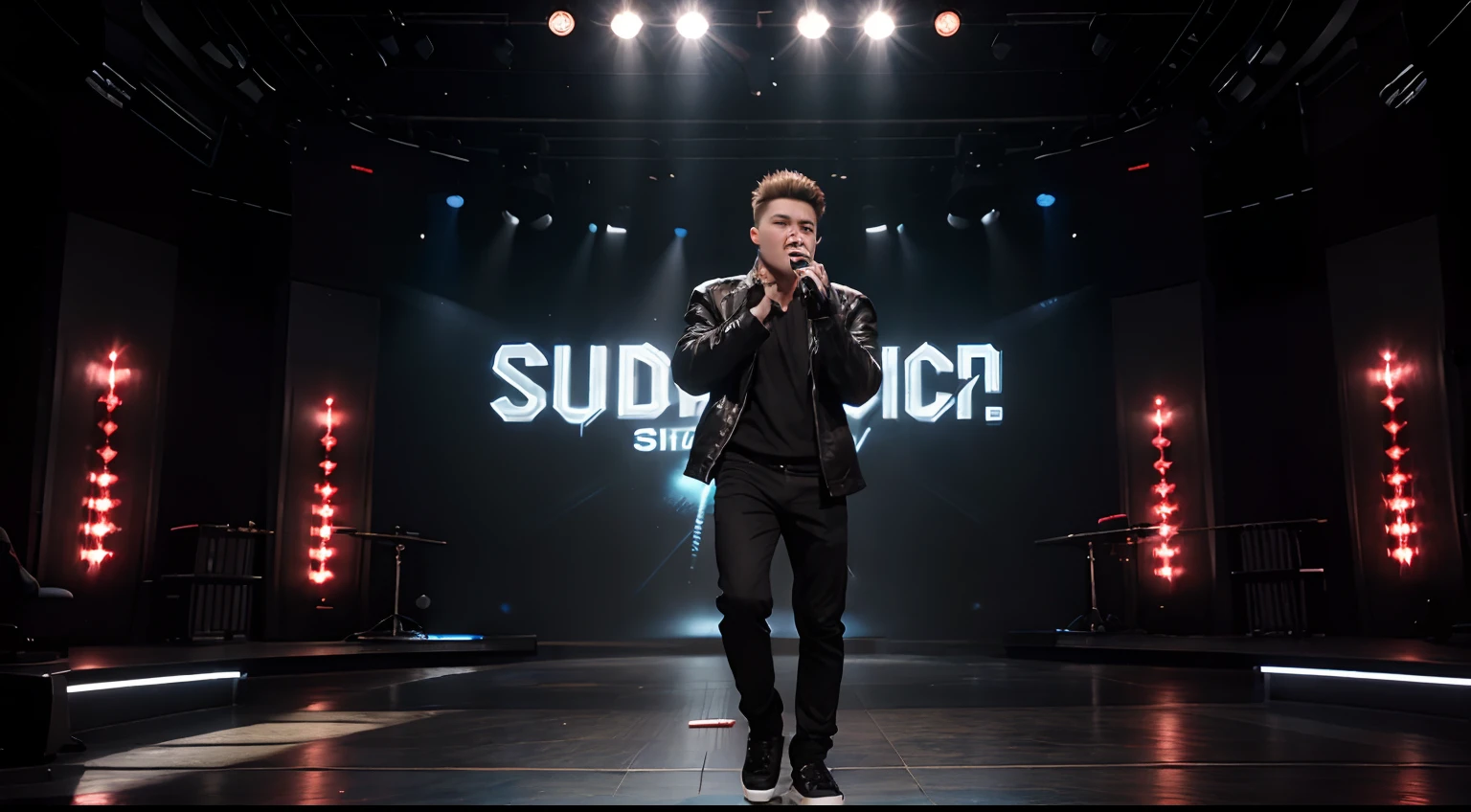 Young man name urban legend with short spiky hair was singing a studio show full body