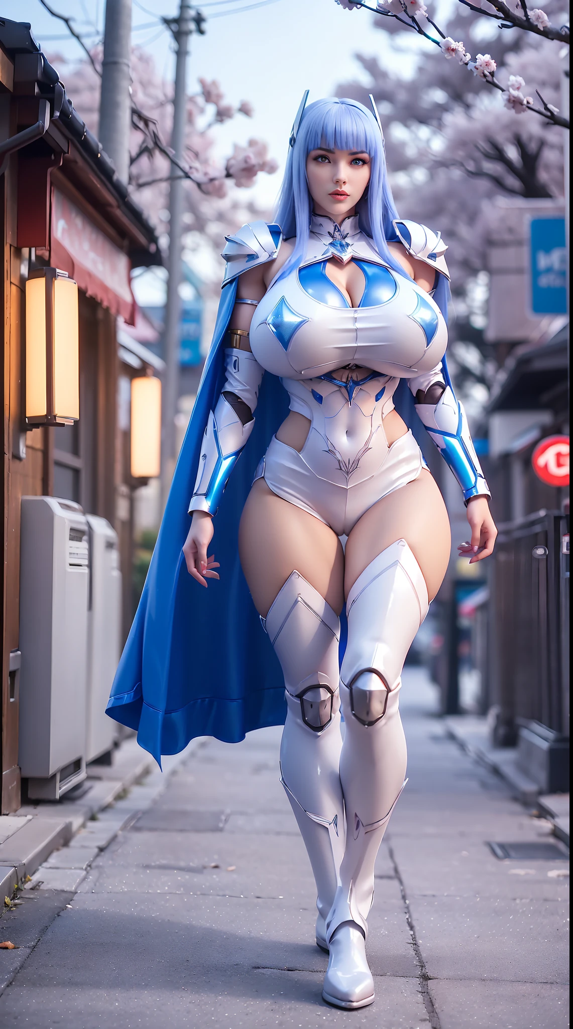 1GIRL, SOLO, (ssmile, makeup, beautifull blue eyes, red libs, white front bangs hair, gold dragon helm), (HUGE BOOBS:1.5), (MECHA GUARD ARM, GLOVES), (white, blue, GIRL IN MECHA CYBER ARMOR CROP TOP, ROYAL CAPE, CLEAVAGE, SKINTIGHT HOTPANTS, HIGH HEELS:1.4), (MUSCULAR BODY, SEXY LONG LEGS, FULL BODY:1.5), (MUSCLE ABS:1.2), (LOOKING AT VIEWER:1), (WALKING DOWN ON STREET NIGHT CHERRY TREES:1.3), PHYSICALLY-BASED RENDERING, ULTRA HIGHT DEFINITION, 8K, 1080P.