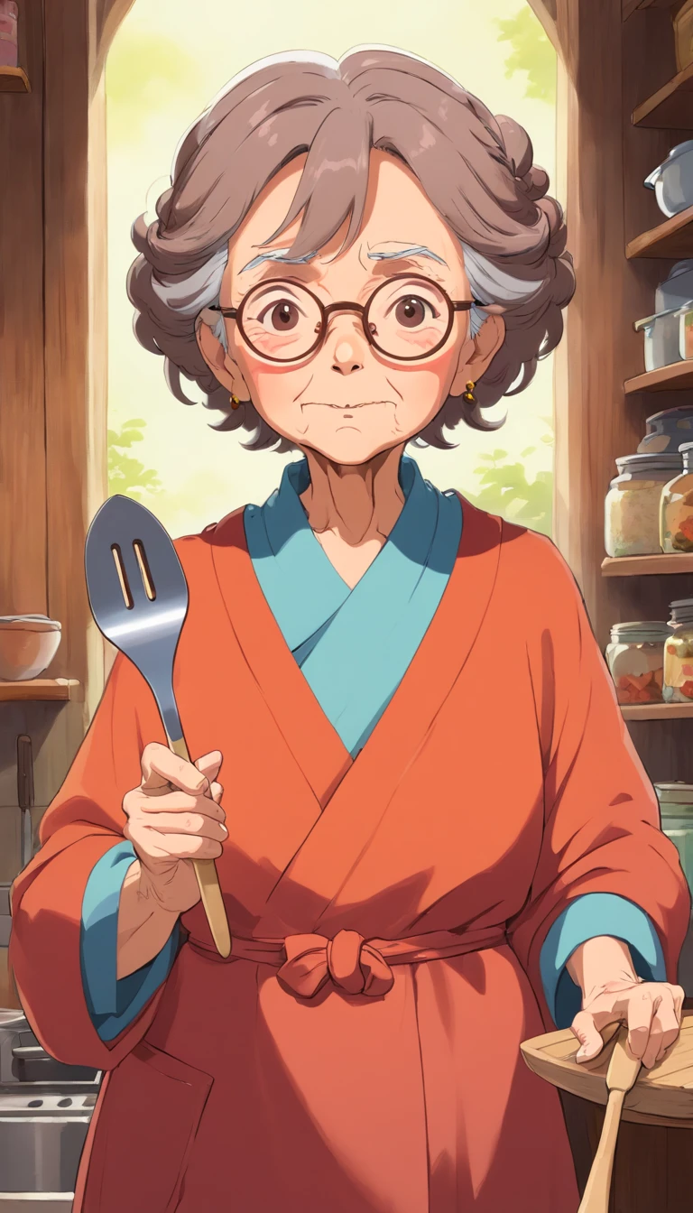 Old woman,brown hair,aunt look,front view,holding spatula,strict face,round glasses,flat color