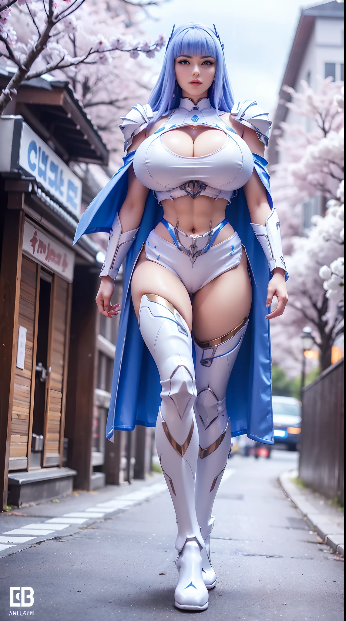 1GIRL, SOLO, (ssmile, makeup, beautifull blue eyes, red libs, white front bangs hair, gold dragon helm), (HUGE BOOBS:1.5), (MECHA GUARD ARM, GLOVES), (white, blue, GIRL IN MECHA CYBER ARMOR CROP TOP, ROYAL CAPE, CLEAVAGE, SKINTIGHT HOTPANTS, HIGH HEELS:1.4), (MUSCULAR BODY, SEXY LONG LEGS, FULL BODY:1.5), (MUSCLE ABS:1.2), (LOOKING AT VIEWER:1), (WALKING DOWN ON STREET NIGHT CHERRY TREES:1.3), PHYSICALLY-BASED RENDERING, ULTRA HIGHT DEFINITION, 8K, 1080P.