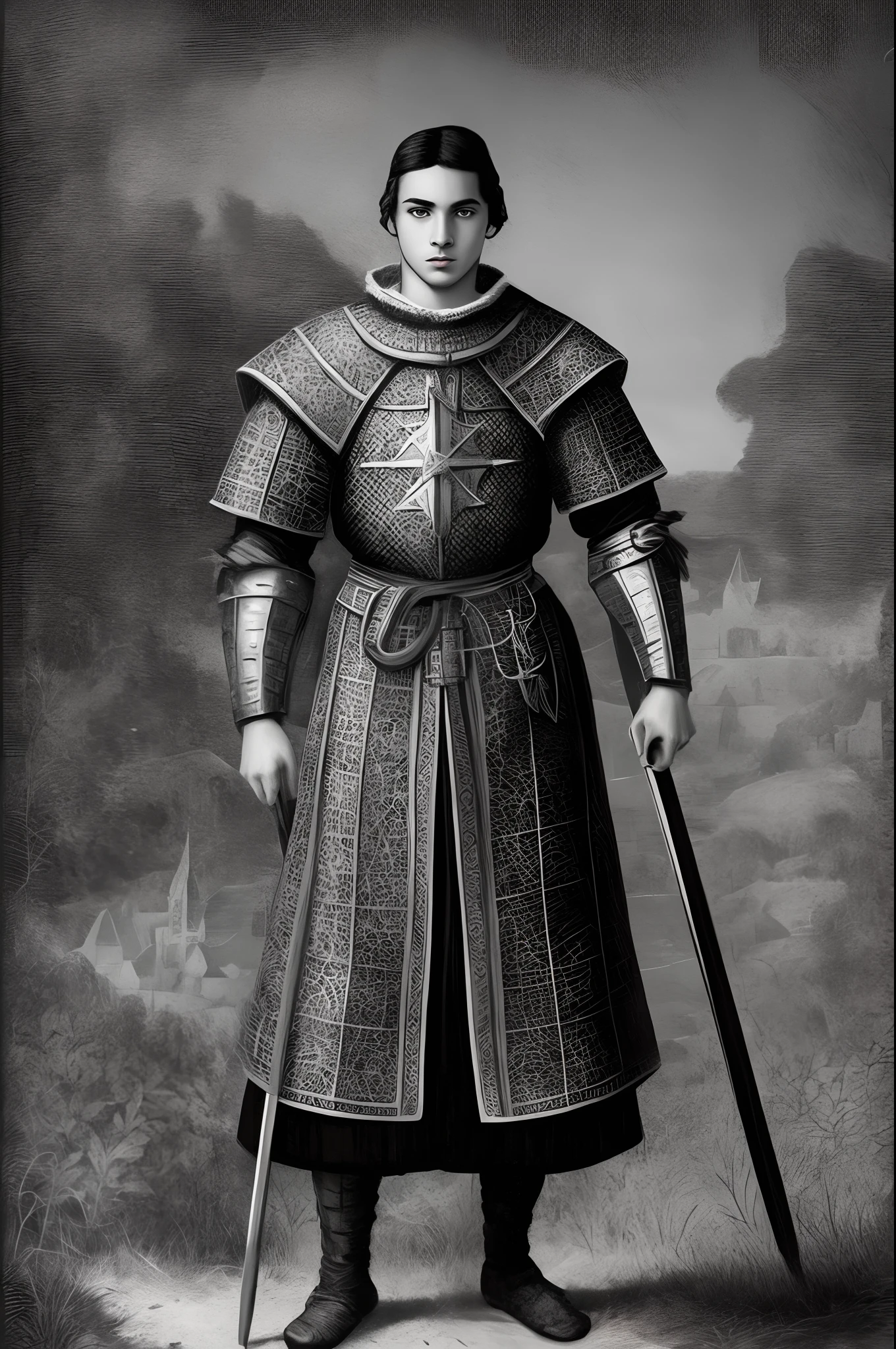 um balck e desenho branco de jovem guerreiro medieval, Background Story, corpo, loiro