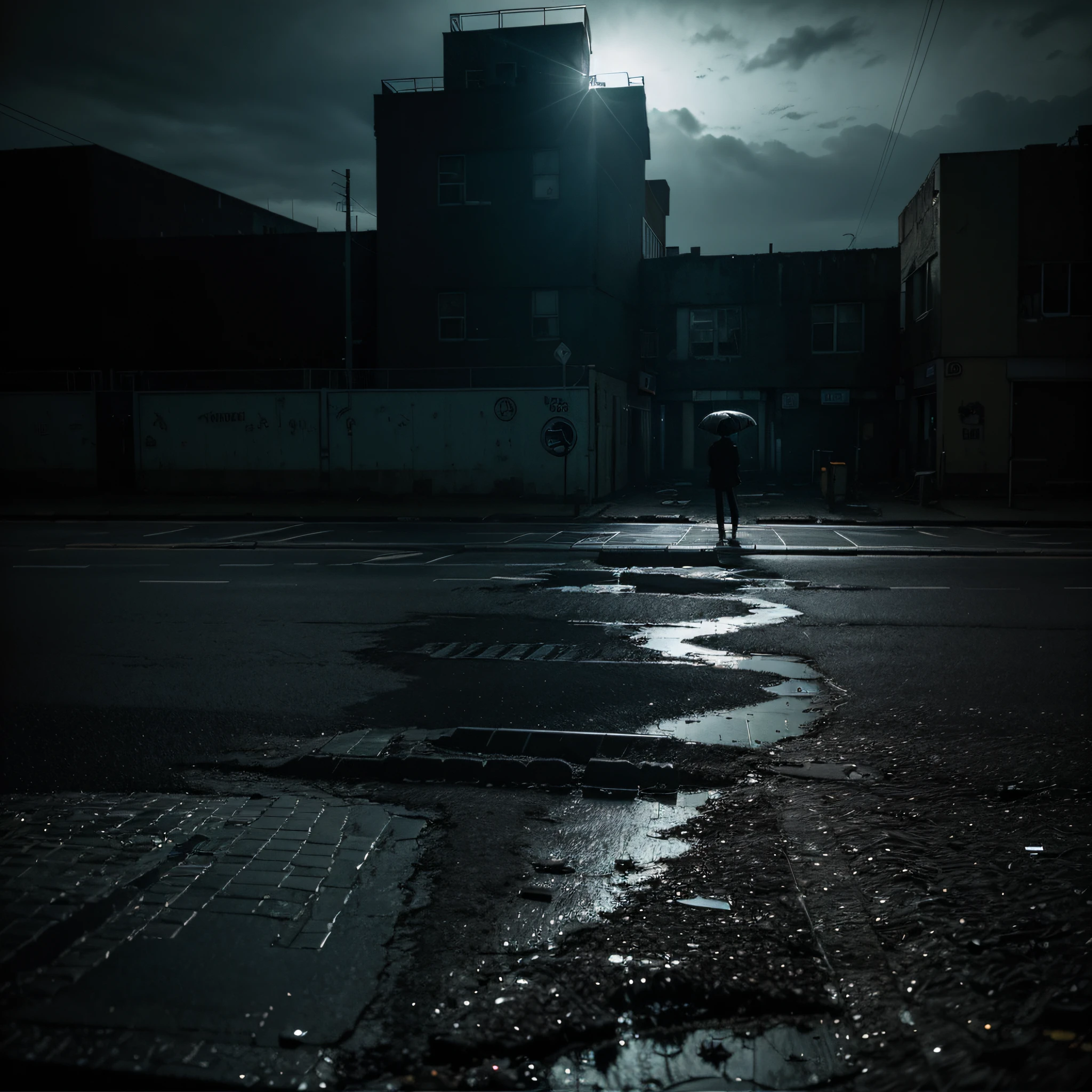 a desolate urban landscape, bathed in the eerie glow of a neon-lit, rain-soaked night. The foreground presents a shadowy silhouette, a figure hunched in contemplation, surrounded by shattered glass and urban decay. The stark contrast between the hauntingly beautiful yet ominous atmosphere and the central character conveys a sense of isolation and inner turmoil, perfectly encapsulating the themes of the song.