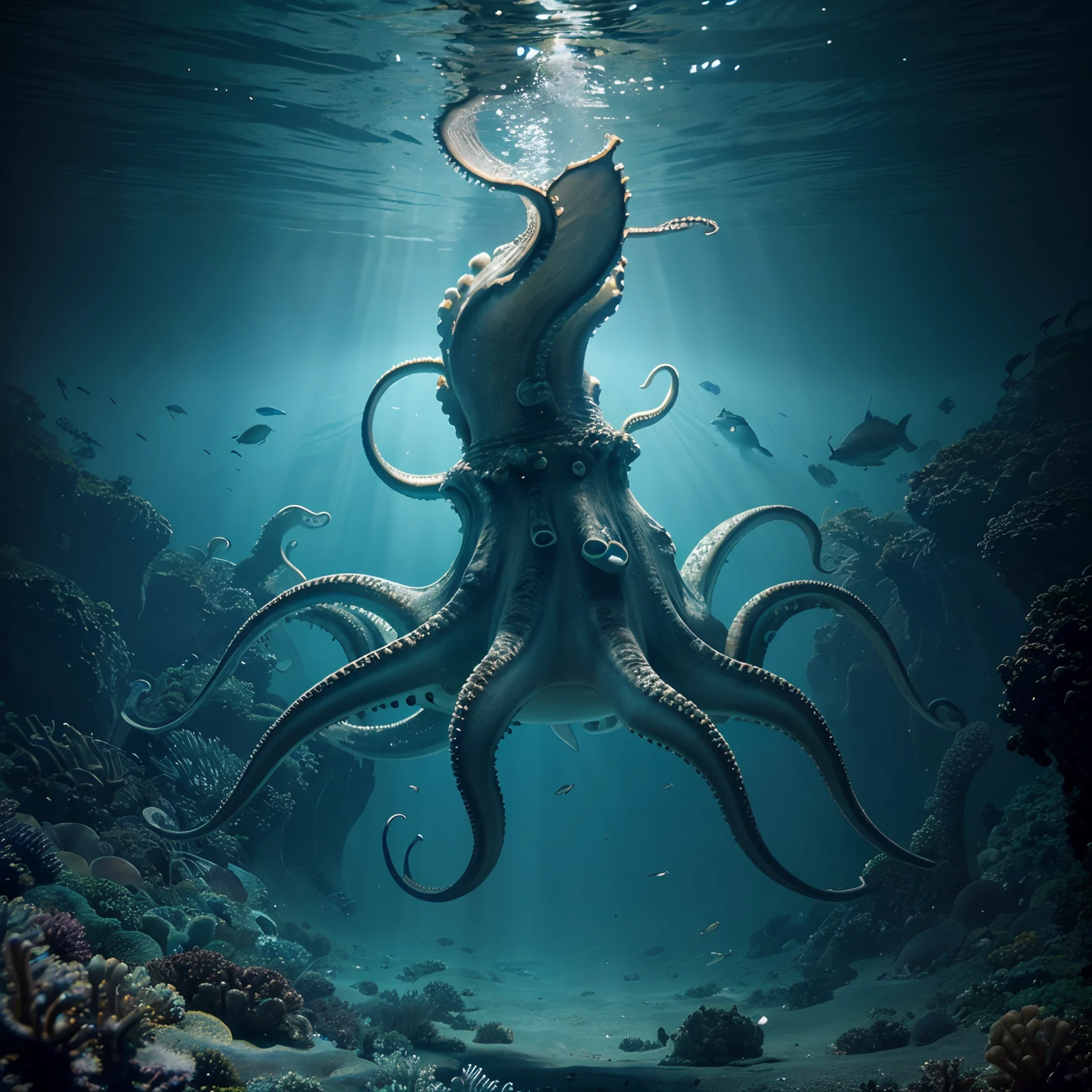 can u create an image of a creature. Description it looks like a half wale and back whit a octapus  with a sharp 8 tentacle near the tale which sucks  blood , its black colour 