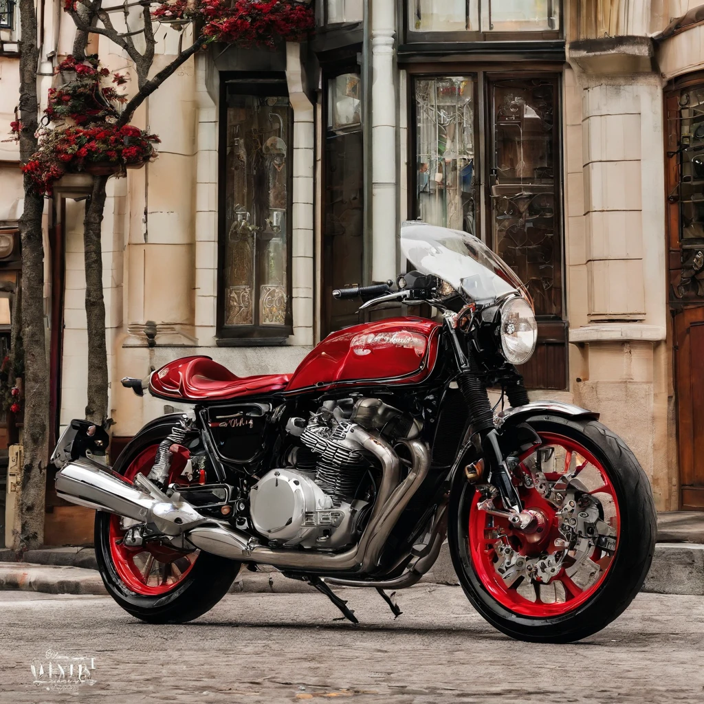 There's a red motorcycle parked in front of a building, Akira Moto, cafe racer, Akira Moto, Motocicleta de Akira, inspirado em Hiroshi Honda, inspirado em Tsuchida Bakusen, hiper realista", hiper realista ", header text", Scrambler, 2014, 2 0 1 4, motocicleta, Foto de perfil, Para-lama octano