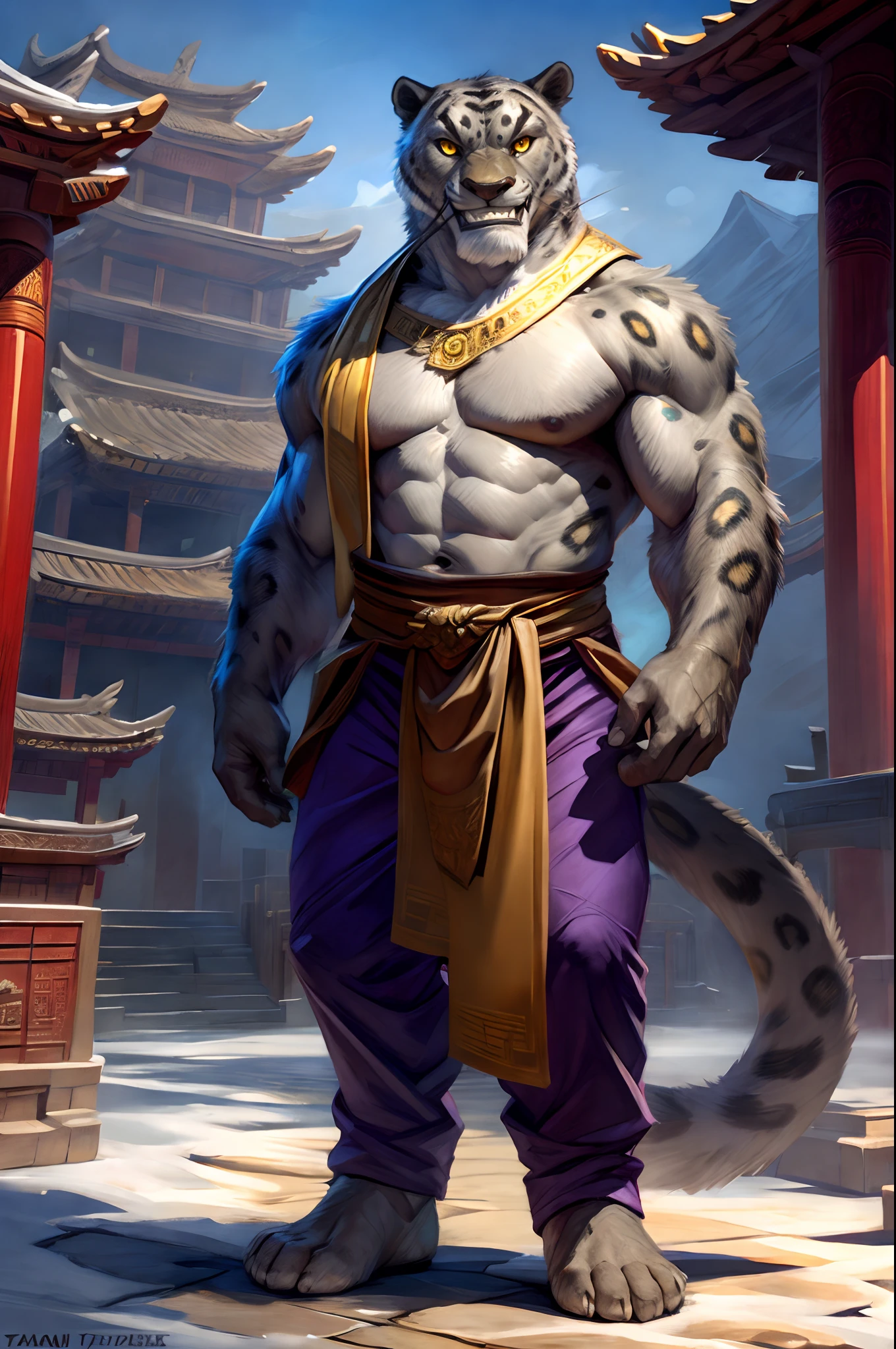 (by taran fiddler), (by darkgem:0.8), (by chunie:1), masterpiece, grey fur,, navel, portrait, seductive, looking at viewer, smile, grin, teeth, (tailung:1.2), snow leopard, (gold eyes), detailed eyes, male, solo, anthro, standing, (detailed temple background), Chinese temple, afternoon, Purple pants, brown sash,, full body, feet