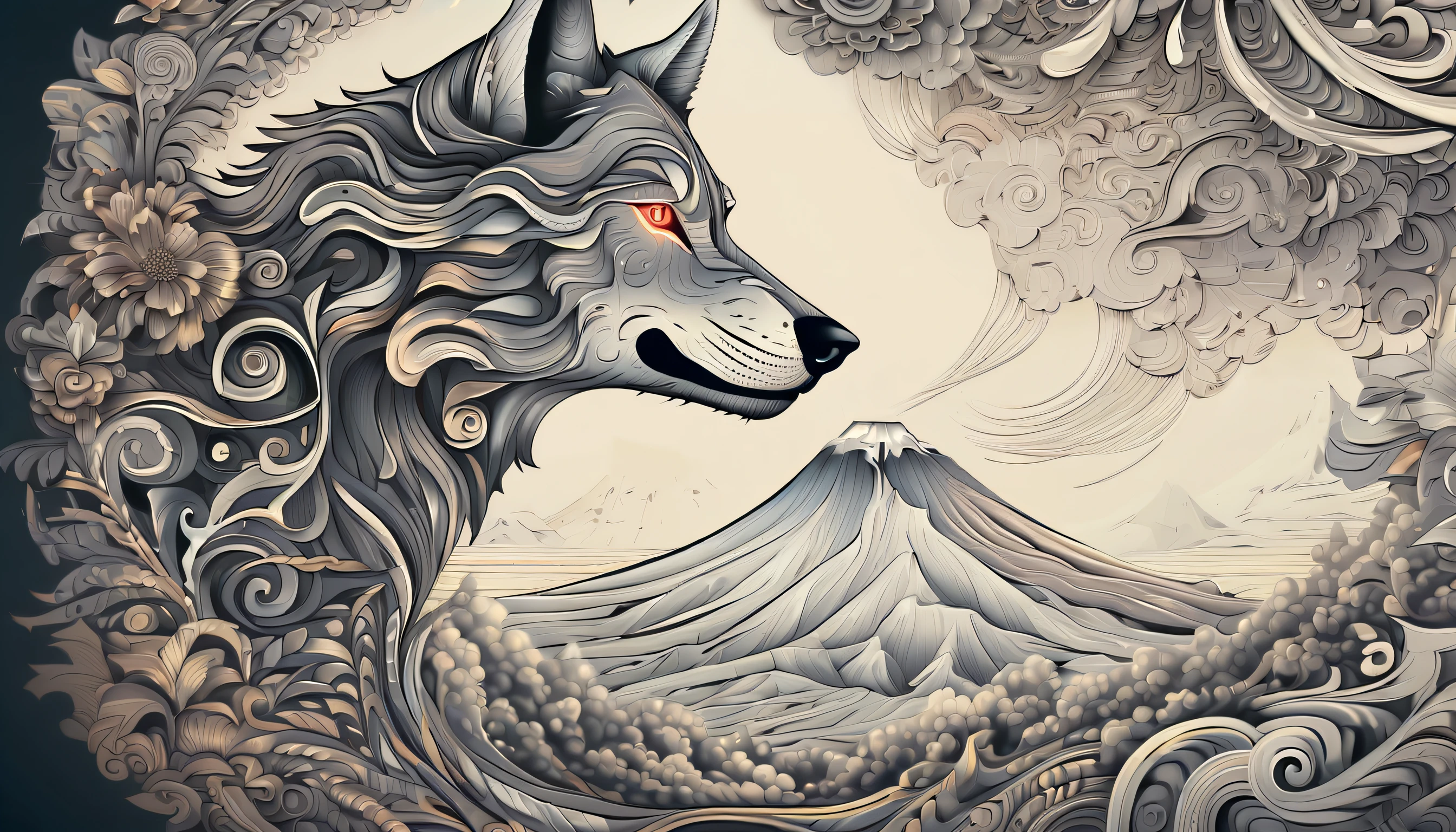 beautiful concept art of intricate insane detailed a illustration, concept of a volcano with a human face, stunning and surreal piece of art, unique and visually, front view of the wolf face, highest level of artistic, high level artistry involved, expression adds depth and complexity to the overall composition, volcanic face to life in a way that resembles a photograph, every detail carefully crafted, create a sense of depth and dimension, realistic style, intricate details, incredibly realistic,