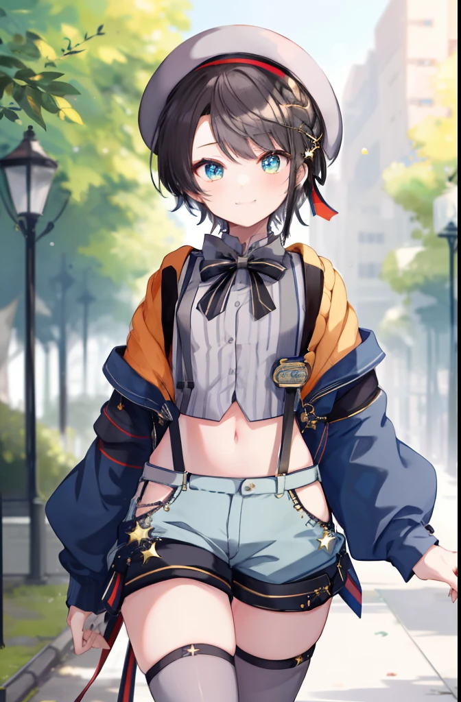 2D, masterpiece, top-quality, animesque, ighly detailed,1girl in, 独奏, subaru_suspenders, subaru_suspenders, french braids, Blue Jacket, Grey shirt, Black bow tie, star\(Symbols\), Blue shorts, Midriff, Gray hat, grey socks, is standing, plein air, a smile