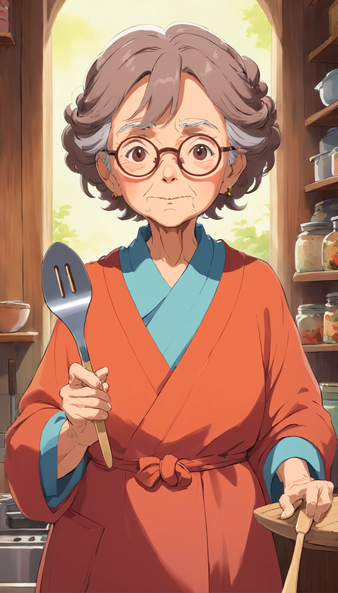 Old woman,brown hair,aunt look,front view,holding spatula,strict face,round glasses,flat color