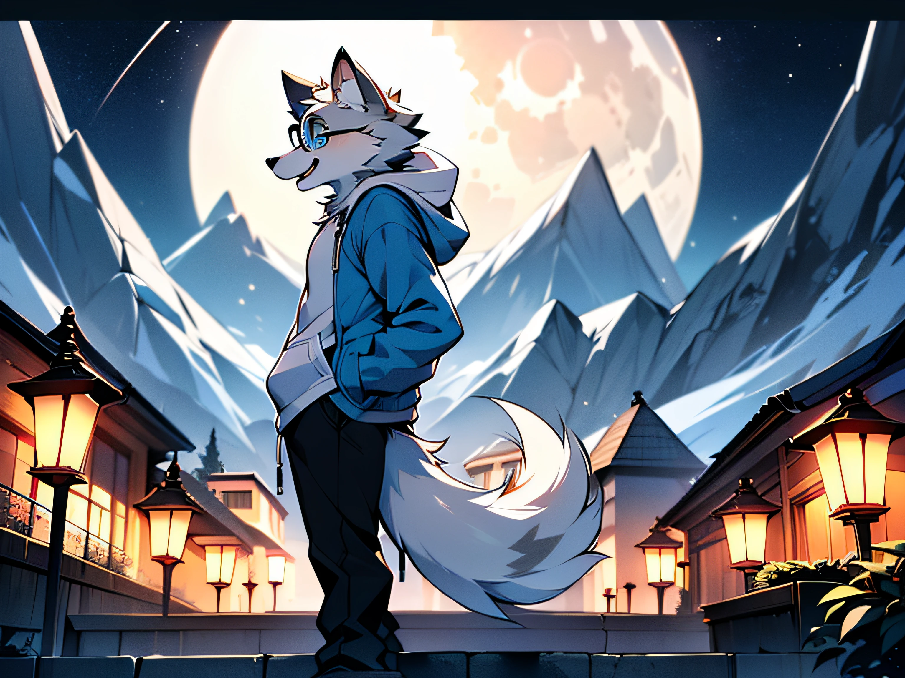 (single person:1.3), wolf orc, spotless, male, (adult:1.05), (tall:1.3), dark gray fur on the back, short hair, (detailed square rounded glasses:1.3), wolf ears, light gray ear roots, light red ear tips, concave right ear, deep blue pupils, furry wolf tail, dark gray tail roots, white tail tips, dark gray big arms, white small arms, four limbs wolf sharp white claws, 4 white fingers, 4 white toes, (sky blue hoodie:1.5), black pants, standing, laughing with open mouth, look up to the sky, outdoor, night, dark sky, (distant mountain:1.2), (modern city:1.2), (wide rooftop:1.2), (streetlights:1.05), (dark sky:1.3), (full moon:1.3), close-up, full body, view of left side, best quality, excellent masterpiece, clear lines, background of details, (extremely detailed characters:1.2)