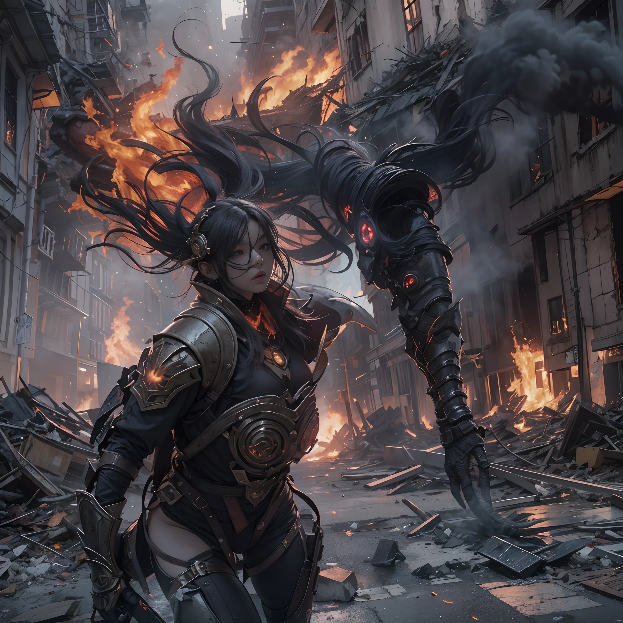 8k, top-quality, (pubic hair beauty)、hight resolution, realisticlying, realperson, Hero wearing glowing armor fighting black smoke and assimilated monsters The hero is a woman in a building street with fire and smoke rising、The building is collapsing