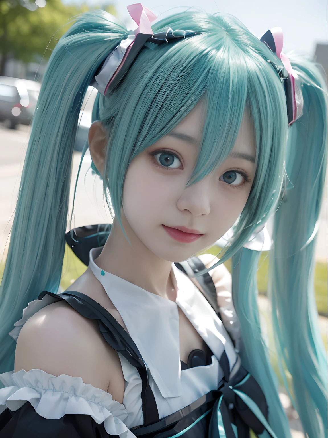 (best_quality)、miku hatsune、Anime Cosplay、selfee、up of face