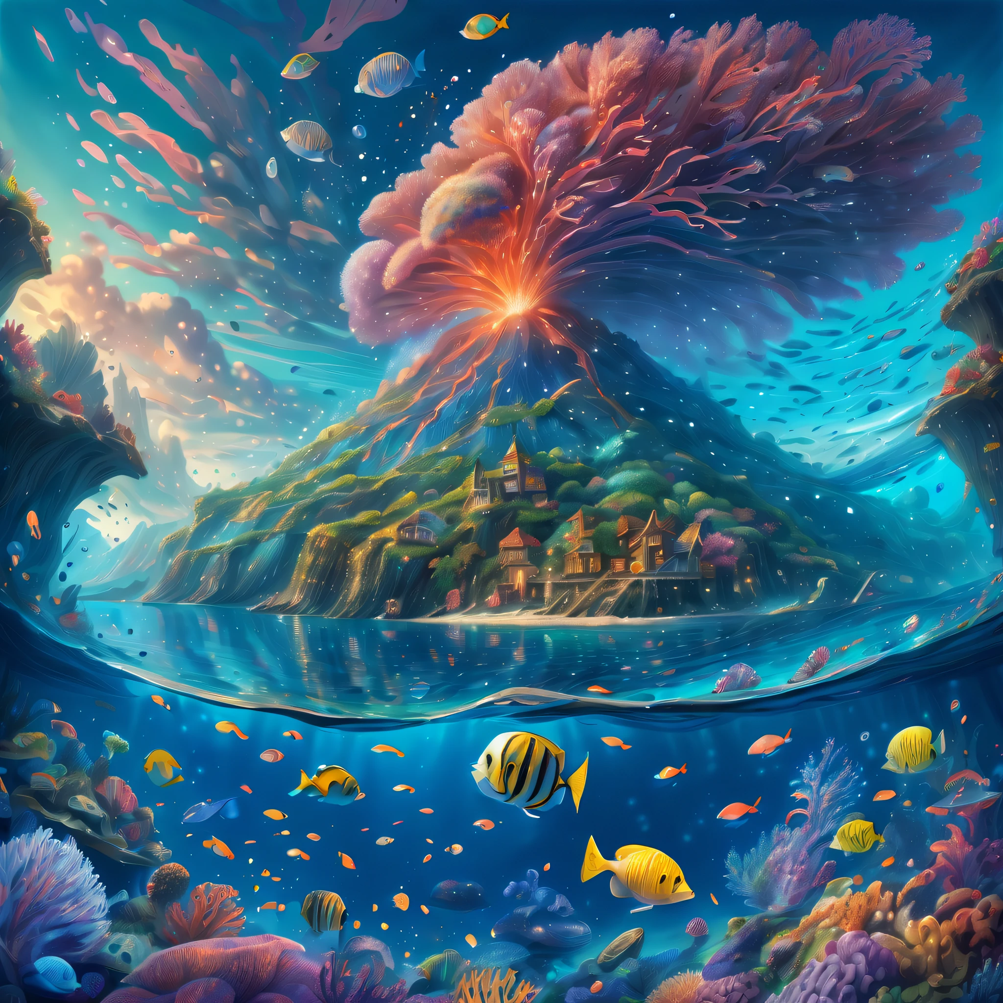 stunning underwater world where fantasy and mystery merge, (((featuring a majestic underwater volcano and sparkling pastel-colored particles floating in the surrounding waters:1.1))), admire intricate details, coral reefs and the adorable fish swimming around, stunning masterpiece of detailed and complex illustrations, painted with utmost care and precision, imagination and wonder, surrounded by shimmering particles that glimmer, neuron coral, highly detailed and visual stunning illustration, marvel at grandeur, painted with precision and creativity, touch of magic to the scene, intricate beautiful sea patterns, casting dreamy glow, breathtaking beauty quality, intricate insane detailed a fantasy illustration, realistic style, intricate details, incredibly realistic,