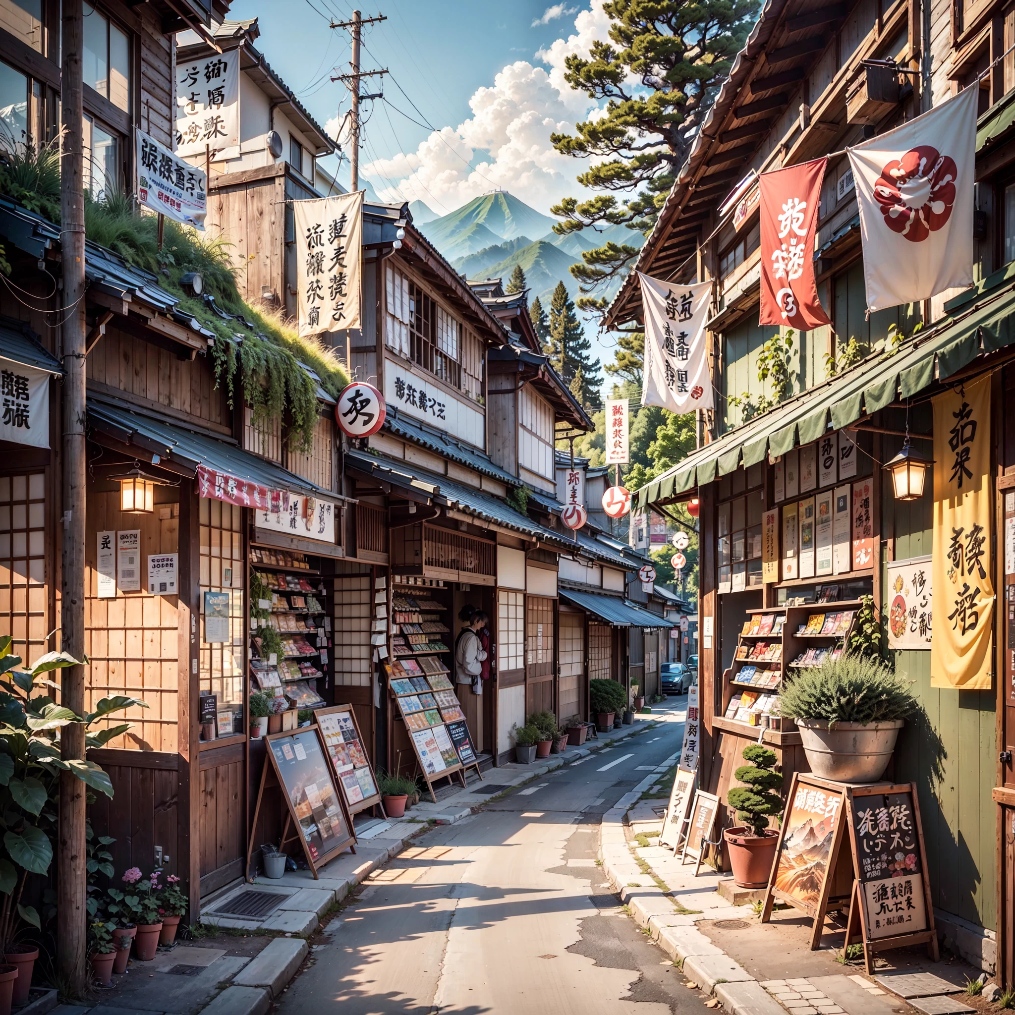 anime background, anime wallpaper, anime, anime style, lofi, lofi style, modern japanese rural street, mountains, uphill, modern japanese architecture, japanese convenience store, big retro japanese shop signs, retro japanese store, trees, plants, rocks, plant pots, shop signs, japanese banners, japanese signs, flags, sunrise, golden hour, golden lighting, empty street, no one in sight, (no one: 1), best quality