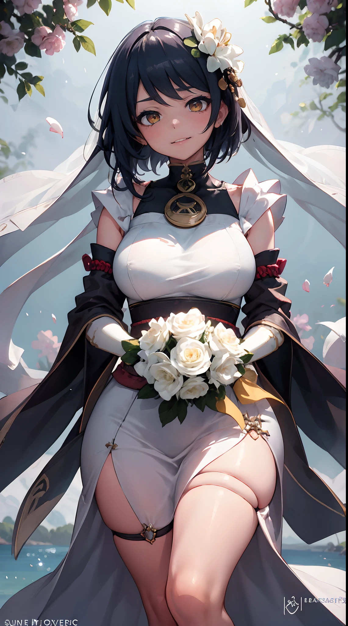 Kujou Sara | genshin impact, master-piece, bestquality, 1girls,25 years old, proportional body, proportional., Wedding Dresses, White Wedding Dress, Long skirt, wedding, ,bara, Standing in the middle of a flower garden, outdoor, wedding, The sky is beautiful, In a paradise of love and happiness..............................................., The bride wears a Japanese dress and a seductive smile..............................................., The passage of time stops at theirs..............................................., On this wedding day of love and happiness..............................................., Bright and beautiful flowers, Holding it in her hands symbolizes the envelopment of love..............................................., Love and friendship through the transmission of flowers, In a paradise of love and happiness..............................................., A bride in a yukata wearing a masika..............................................., It is a form of beauty and elegance..............................................., Show your spouse your heart.............................................., In a paradise of love and happiness..............................................., Kochikugisa is the tree of new beginnings..............................................., And their love and affection............................................, And suck a lot of love..............................................., Flowers represent love and peace..............................................., In a paradise of love and happiness..............................................., View viewers from the front., Thigh strap, Head tilt, bored, 10, 10, HD, slight smile,