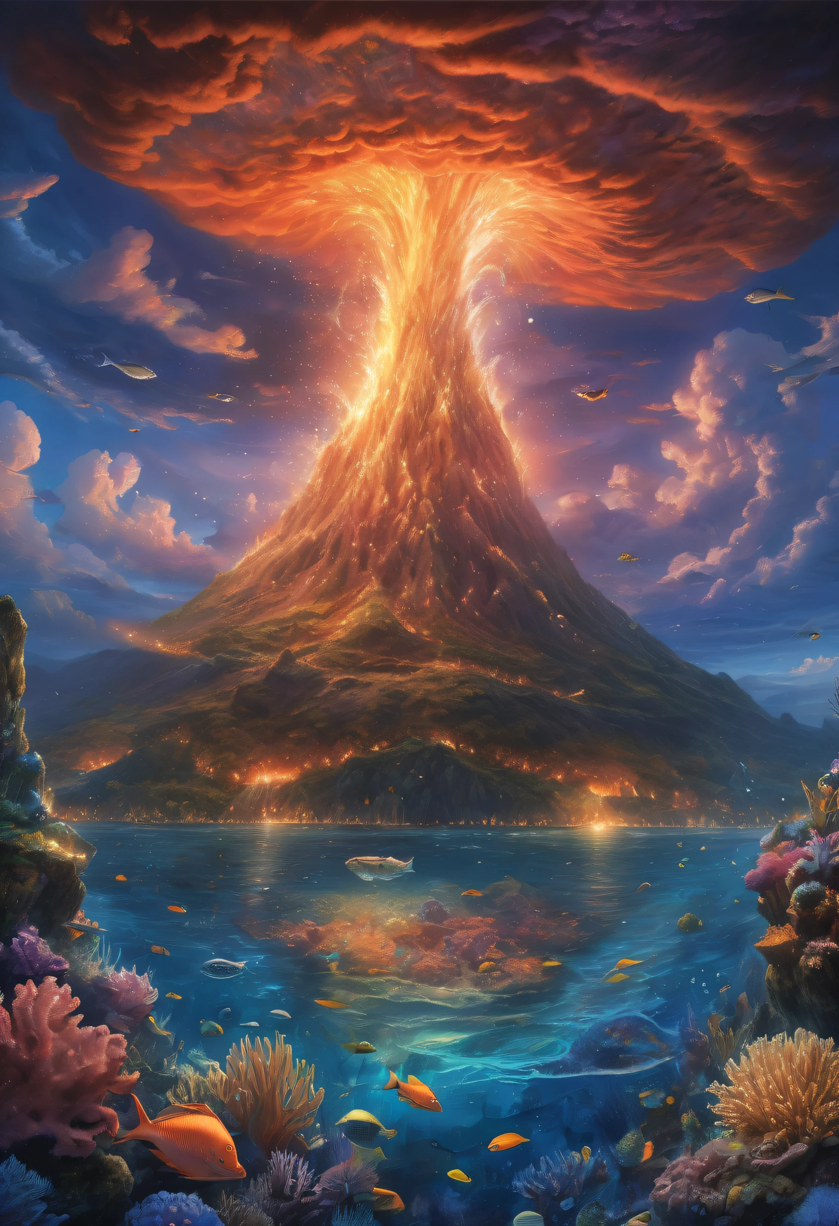 (((stunning underwater world where fantasy and mystery merge:1.4))), (((featuring a majestic underwater volcano and sparkling pastel-colored particles floating in the surrounding waters:1.1))), admire intricate details, coral reefs and the adorable fish swimming around, stunning masterpiece of detailed and complex illustrations, painted with utmost care and precision, imagination and wonder, surrounded by shimmering particles that glimmer, neuron coral, highly detailed and visual stunning illustration, marvel at grandeur, painted with precision and creativity, touch of magic to the scene, intricate beautiful sea patterns, casting dreamy glow, (breathtaking beauty quality:1.3), intricate insane detailed a fantasy illustration, (((realistic eruption:1.4))), (intricate details:1.3), incredibly realistic, (((beautiful sharp edges:1.5))),