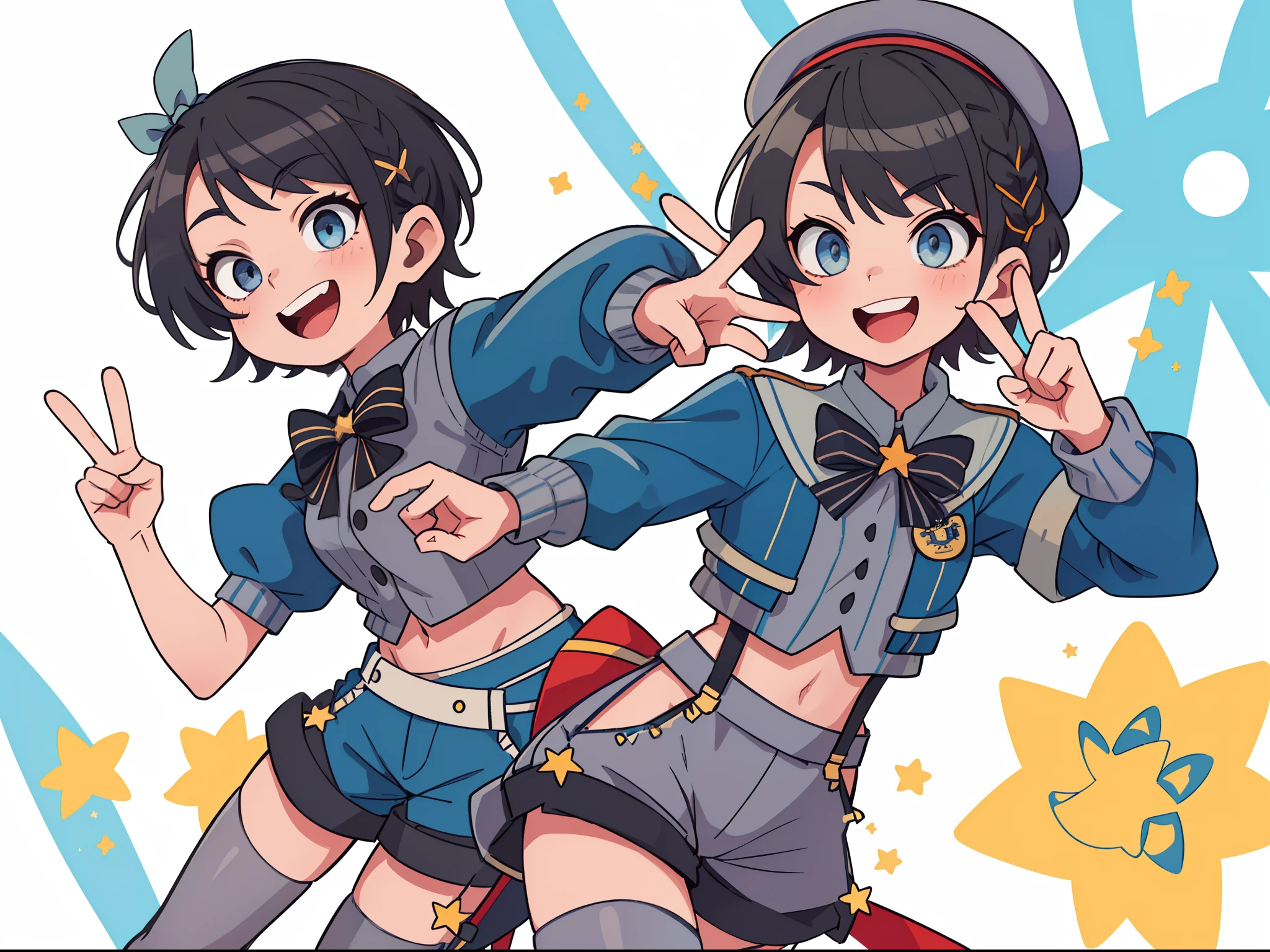 2D, masterpiece, top-quality, animesque, ighly detailed, 1girl in, 独奏, subaru_suspenders, subaru_suspenders, french braids, Blue Jacket, Grey shirt, Black bow tie, star\(Symbols\), Blue shorts, Midriff, Gray hat, grey socks, Jumping outdoors, Smile Peace Sign