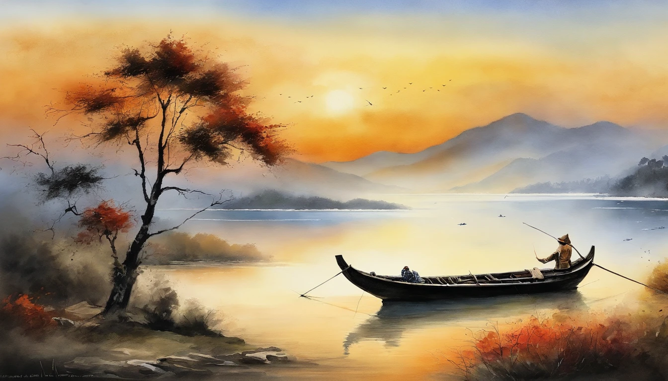Landscape painting，ink and watercolor painting，water ink，ink，Smudge，Faraway view，Ultra-wide viewing angle，Meticulous，Light boat in the distance，Faraway view，Meticulous，the trees，Smudge，low-saturation，Low contrast，The light boat has crossed the Ten Thousand Heavy Mountains，Beautifully depicted，A detailed，acurate，Works of masters，tmasterpiece