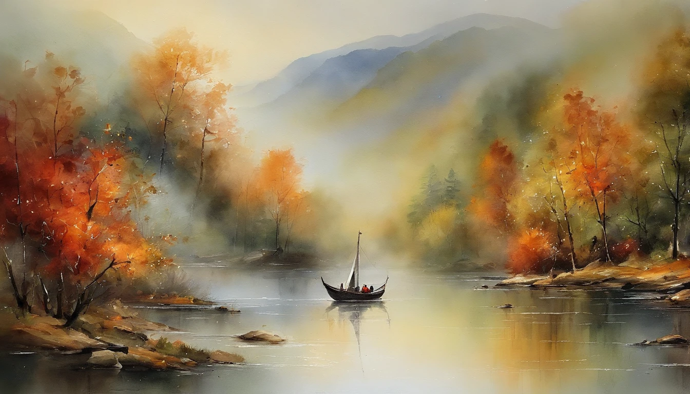Landscape painting，ink and watercolor painting，water ink，ink，Smudge，Faraway view，Ultra-wide viewing angle，Meticulous，Light boat in the distance，Faraway view，Meticulous，the trees，Smudge，low-saturation，Low contrast，The light boat has crossed the Ten Thousand Heavy Mountains，Beautifully depicted，A detailed，acurate，Works of masters，tmasterpiece